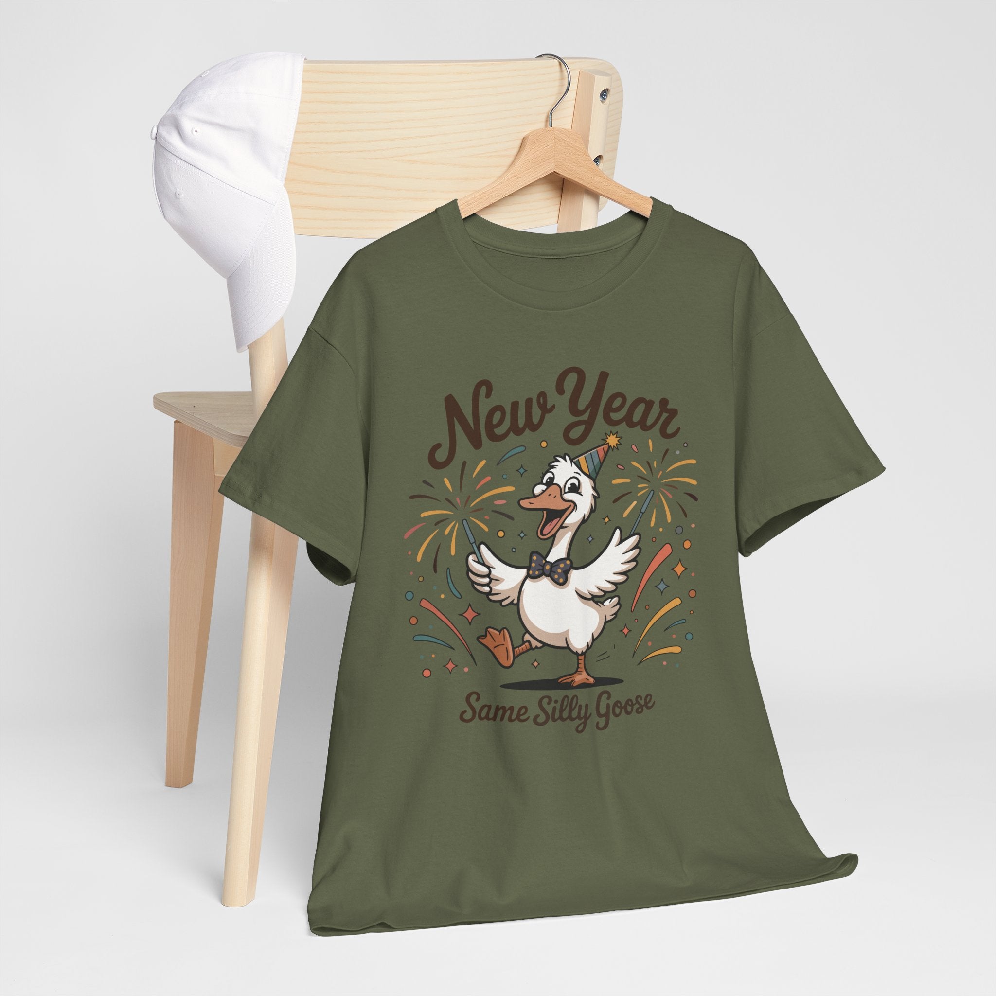 Happy Goose New Year T-Shirt — Party Hat, Fireworks & Confetti Unisex Cotton Tee