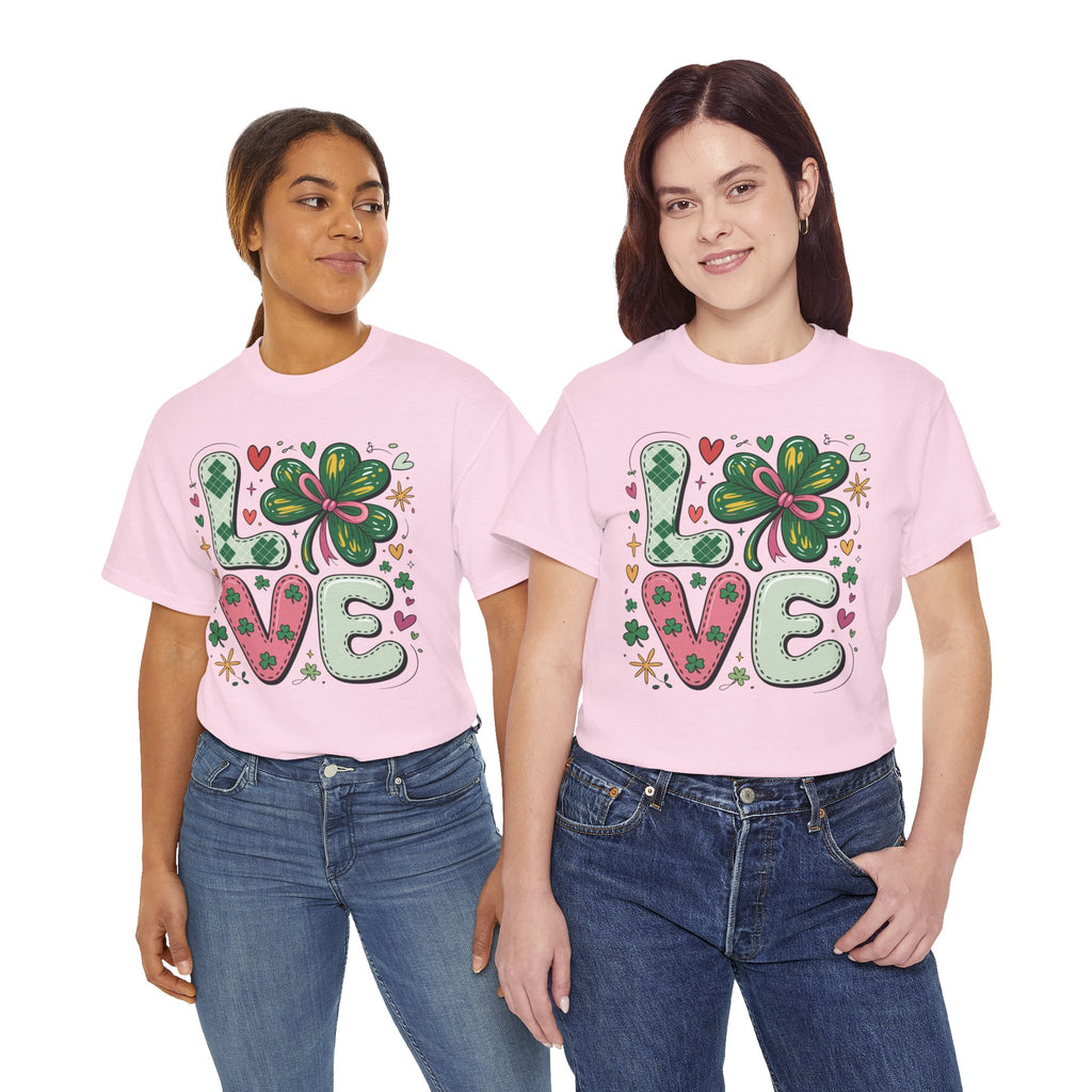 Stitched Clover 'LOVE' Tee — Heart & Patchwork St. Patrick's Unisex Cotton T-Shirt