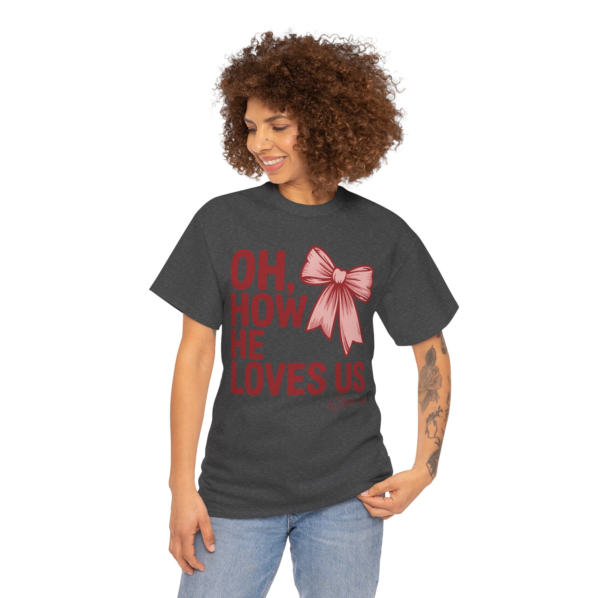 Oh, How He Loves Us Christian Valentine Tee — 1 John 4:10 Red & Pink Unisex Cotton Tee