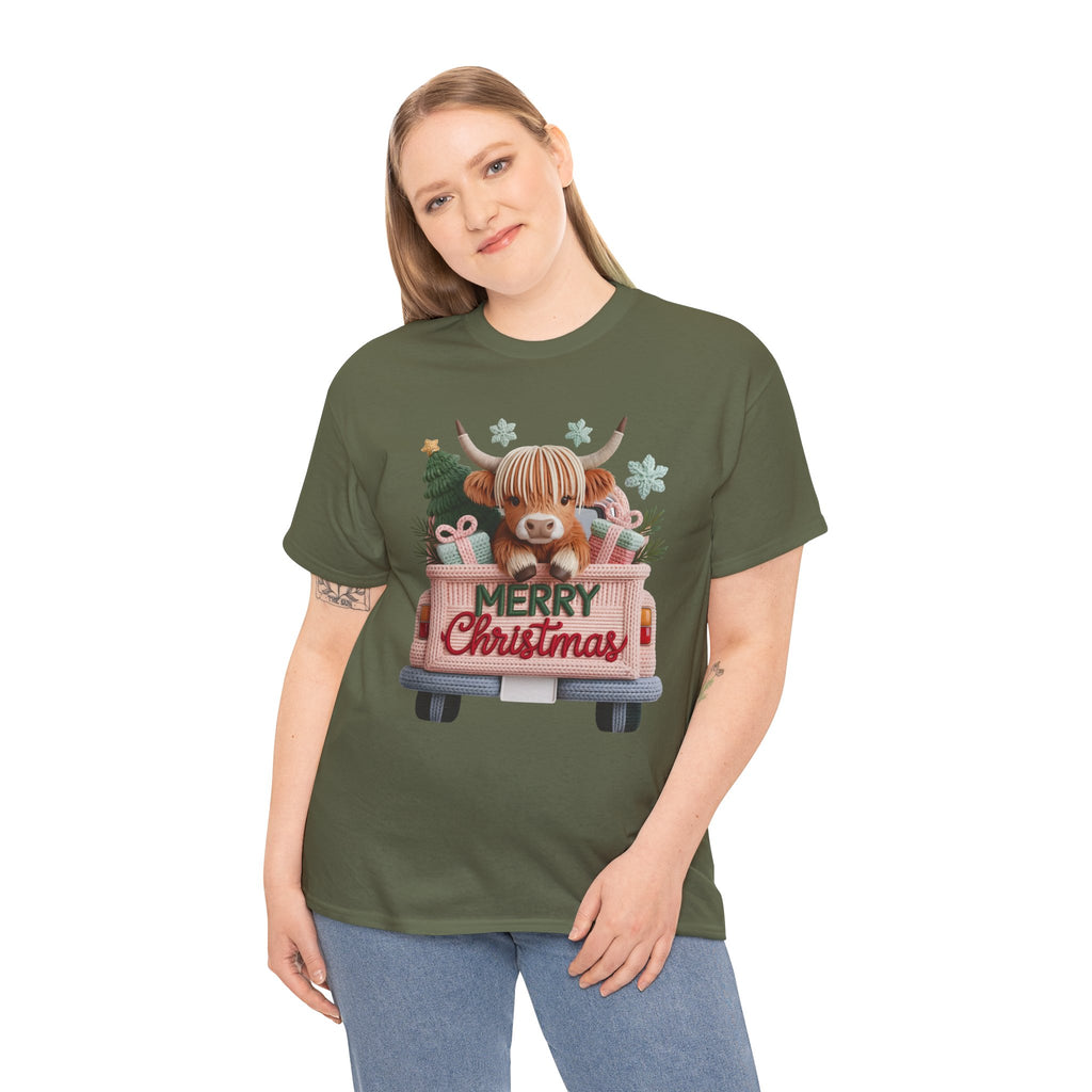 Merry Christmas Highland Cow Knit Truck Unisex Cotton T-Shirt