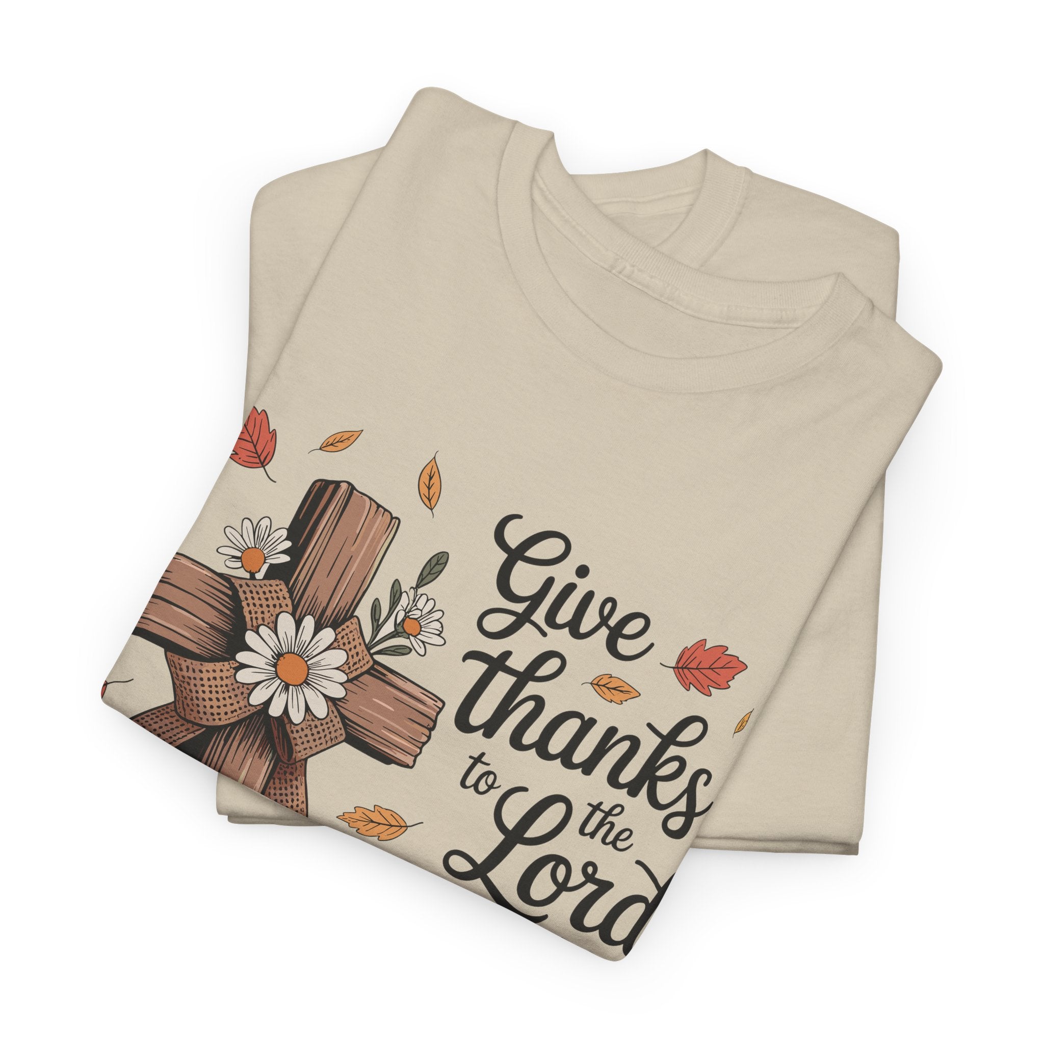 Give Thanks to the Lord Autumn Tee — Wooden Cross, Pumpkins & Daisies..Unisex Cotton Tee