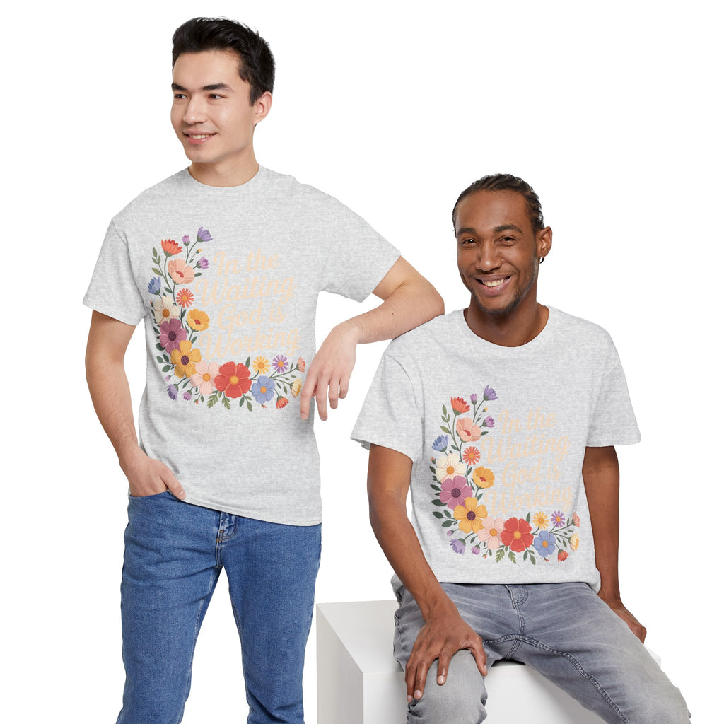Pastel Floral “In the Waiting God Is Working” Unisex Cotton T-Shirt