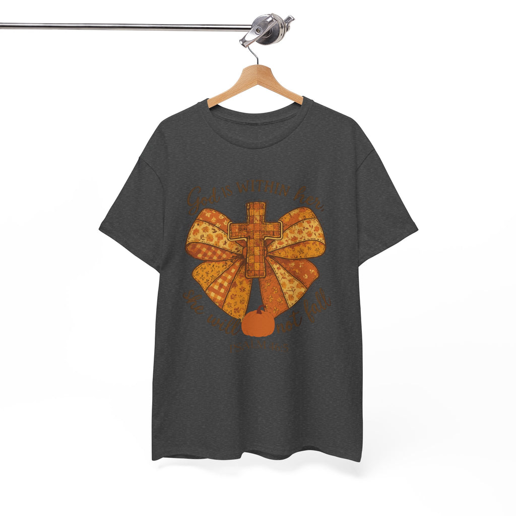 Psalm 46:5 Cross Patchwork Tee — Fall Bow Christian Unisex Cotton T-Shirt