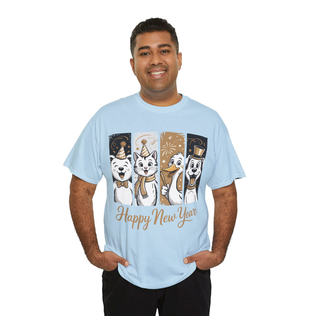 Happy New Year Party Animals T-Shirt — Cute Smiling Animals in Party Hats & Gold Fireworks..Unisex Cotton Tee