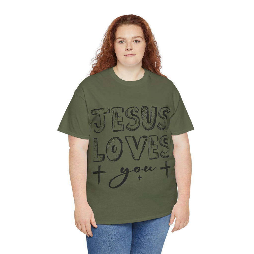 Jesus Loves You Chalk-Style Tee — Crosses & Stars Christian UNisex Cotton T-Shirt