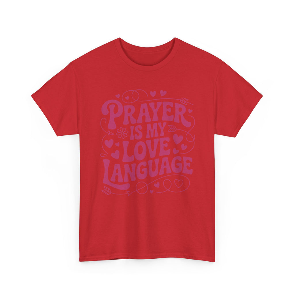 Prayer Is My Love Language Christian Tee — Pastel Pink Hearts Unisex Cotton Tee