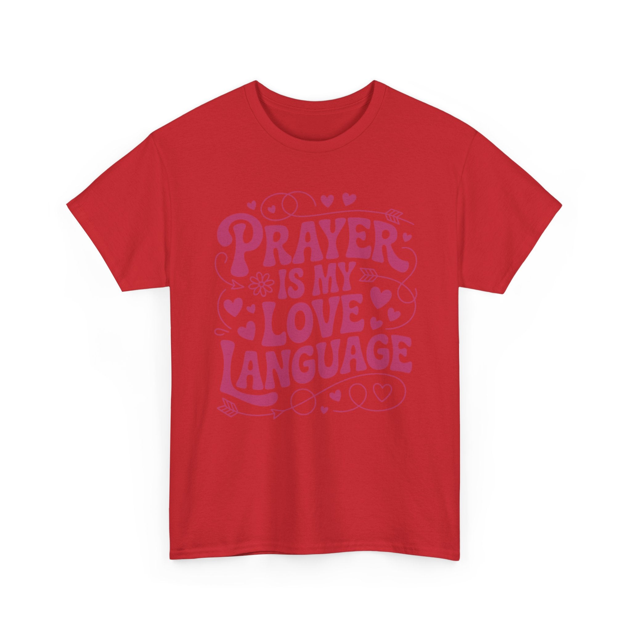 Prayer Is My Love Language Christian Tee — Pastel Pink Hearts Unisex Cotton Tee