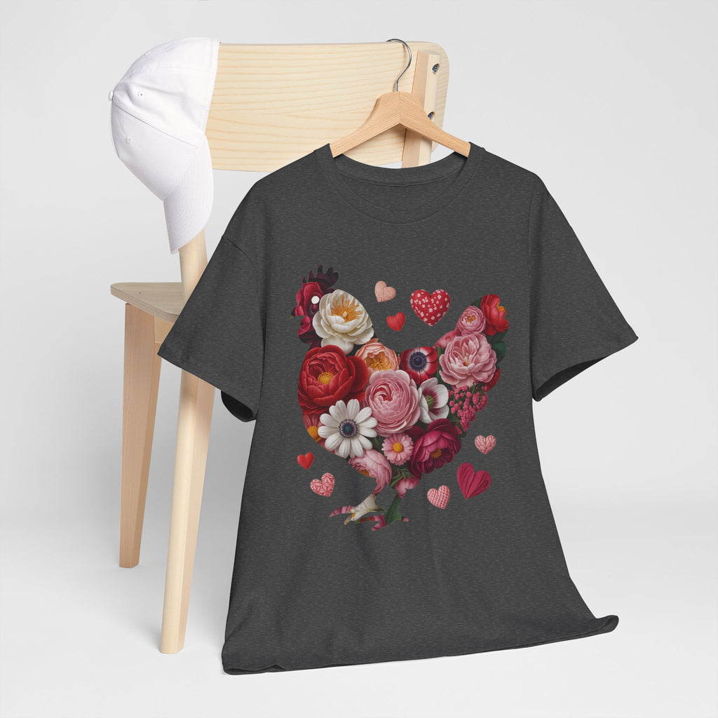 Floral Chicken Heart Tee — Red & Pink Flower Silhouette Unisex Cotton Tee