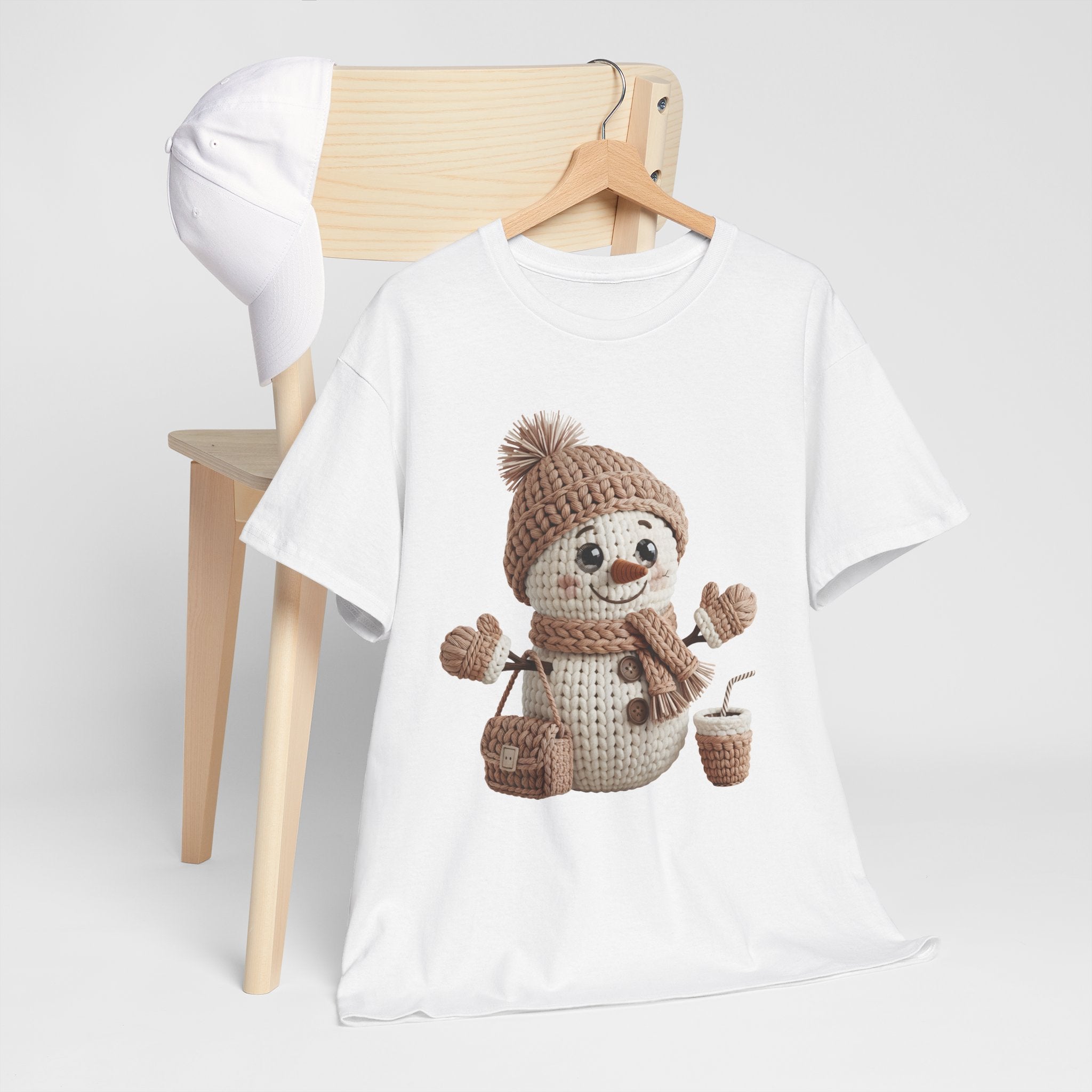 Snowman Knit‑Style Graphic Tee — Cute Faux‑Yarn Snowman with Hat, Scarf & Mittens.Unisex Cotton Tee