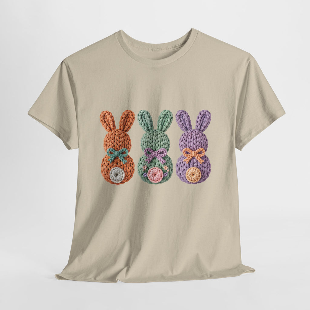 Pastel Crochet Bunny Tee — Trio of Faux Knit Bunnies with Bows & Flowers Unisex Cotton Tee