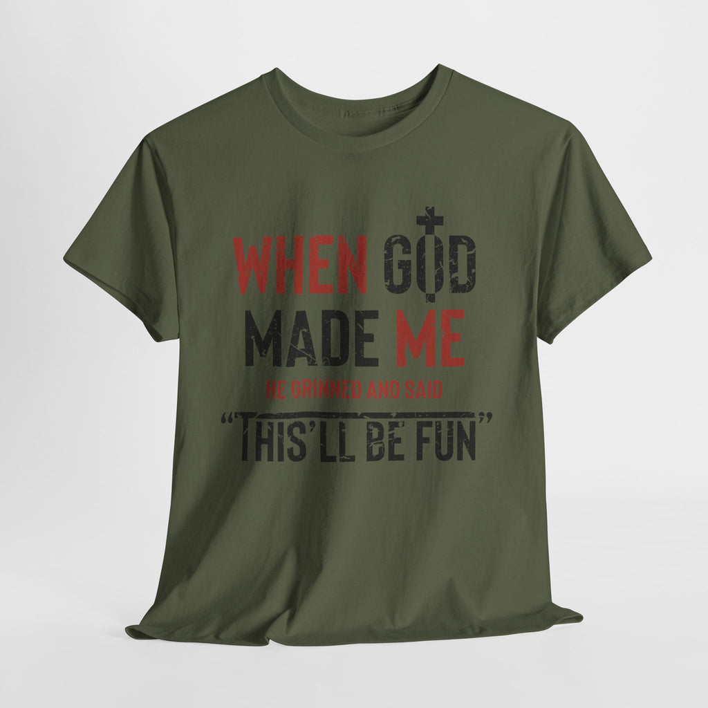 Humorous Grunge Quote Tee — "When He Saw Me, He Grinned and Said"Unisec Cotton Tee