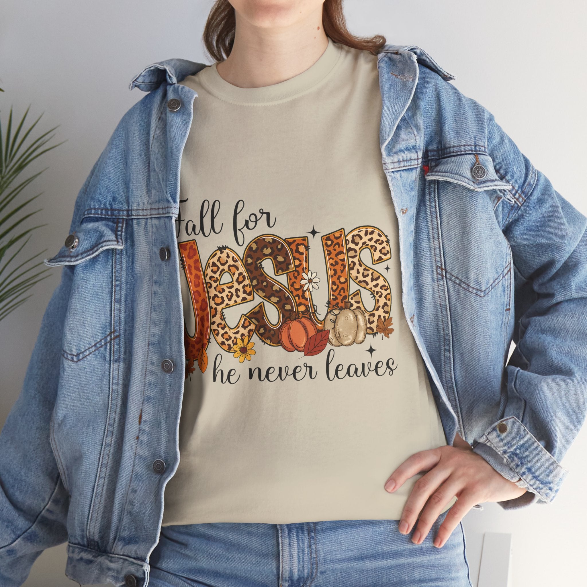 JESUS Leopard Print Fall T-Shirt — Pumpkins, Leaves & Floral Christian Unisex Cotton Tee
