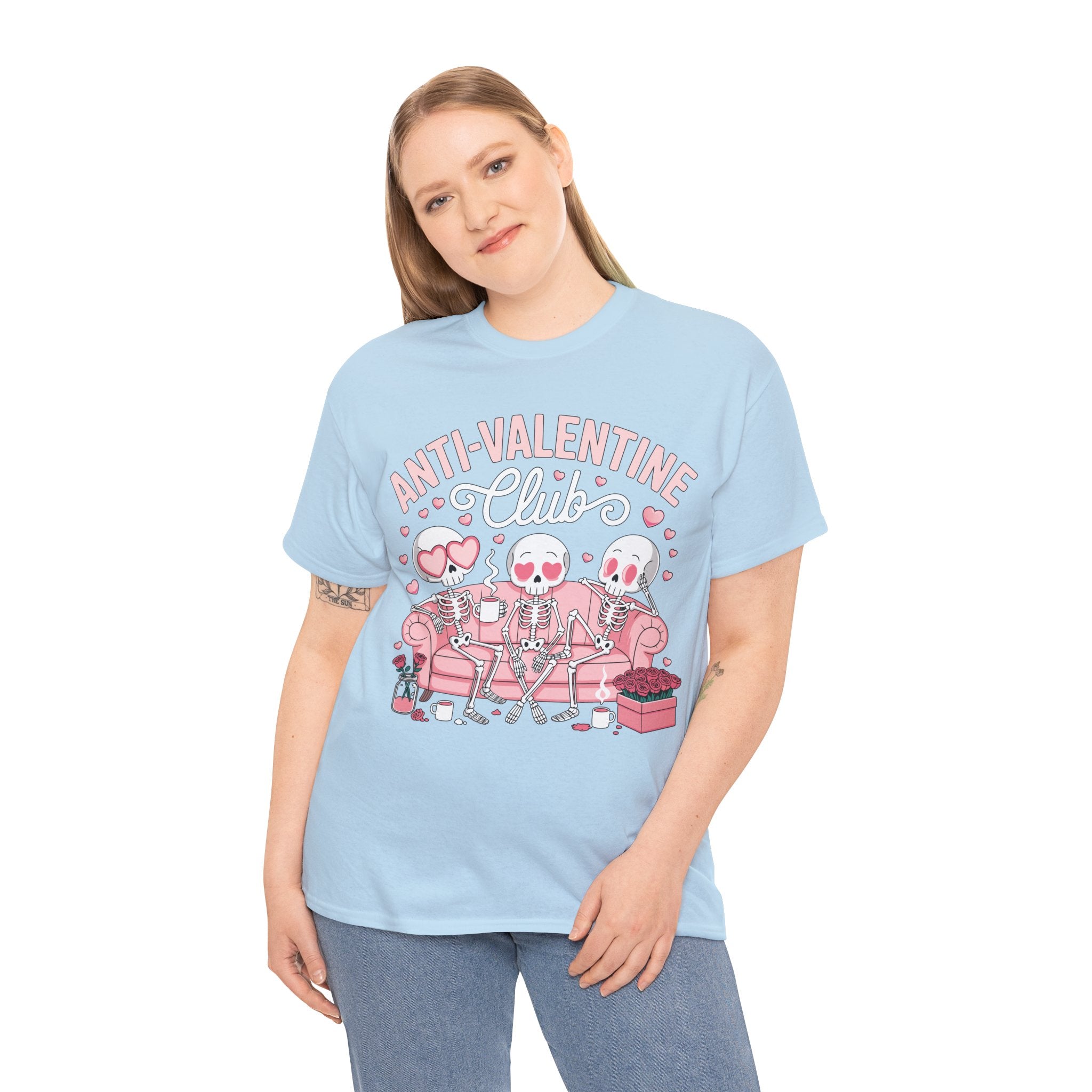 Anti-Valentine Club Skeleton Tee — Anti-Romance Pink Couch Graphic Unisex Cotton T-Shirt