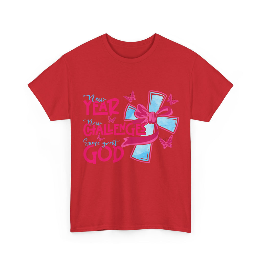 Christian T-Shirt — “New Year, New Challenges, Same Great God” with Pink Bow Cross & Butterflies. Unisex Cotton Tee