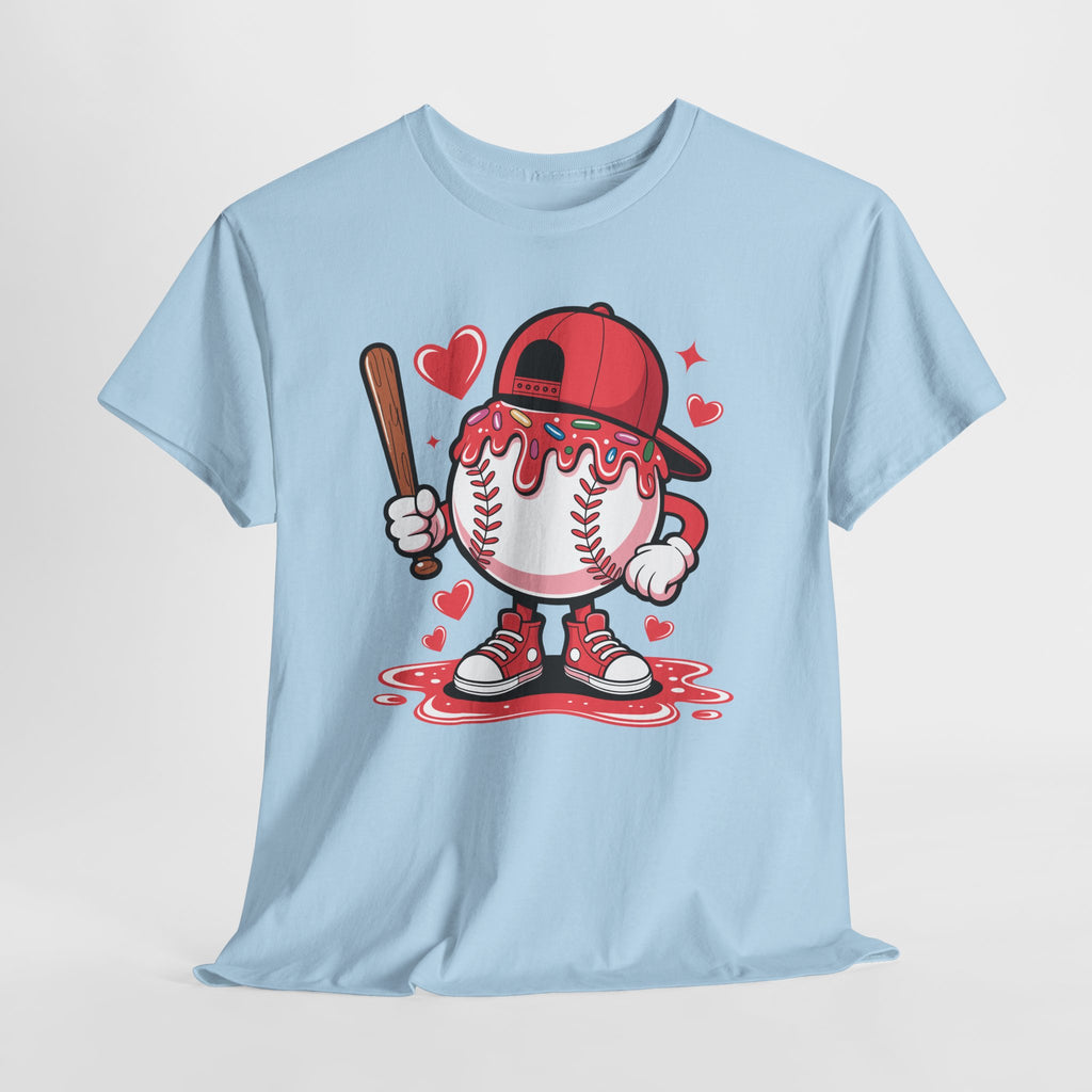 Cute Baseball Character T-Shirt — Red Cap & Icing Top Graphic with Hearts Unisex Cotton Tee