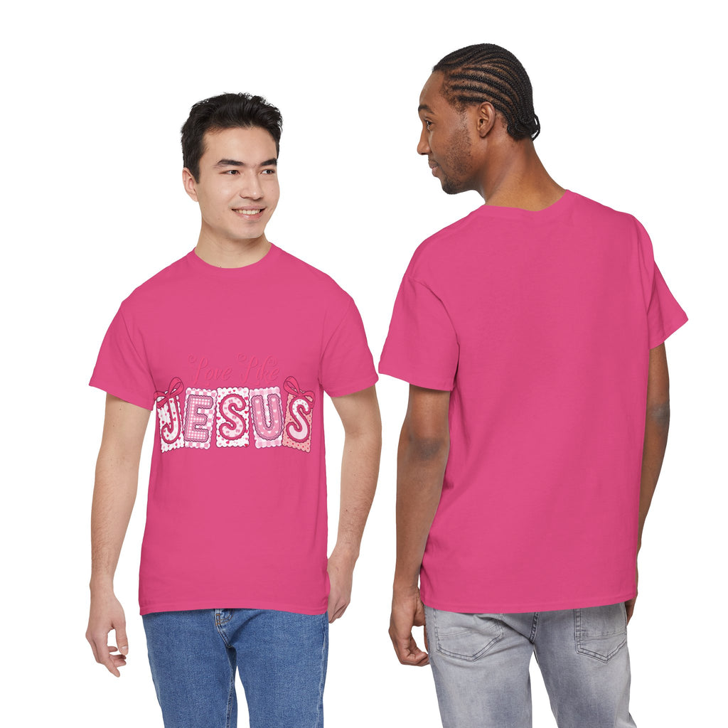 Love Like Jesus Patchwork Tee — Pink Stitched Heart Graphic.Unisex Cotton Tee