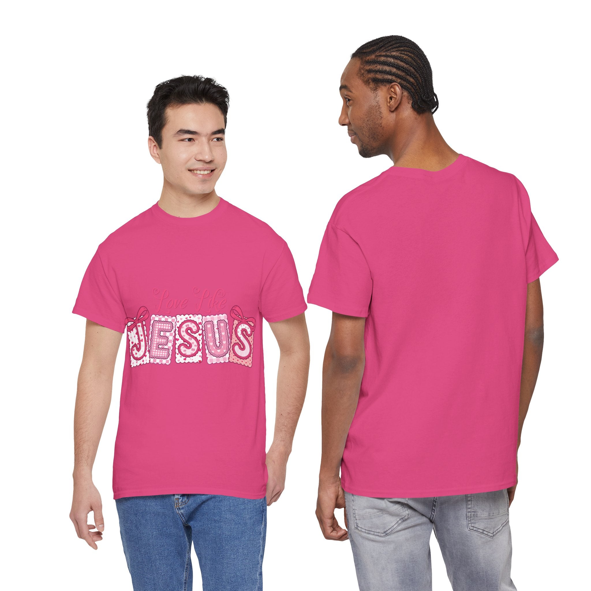Love Like Jesus Patchwork Tee — Pink Stitched Heart Graphic.Unisex Cotton Tee