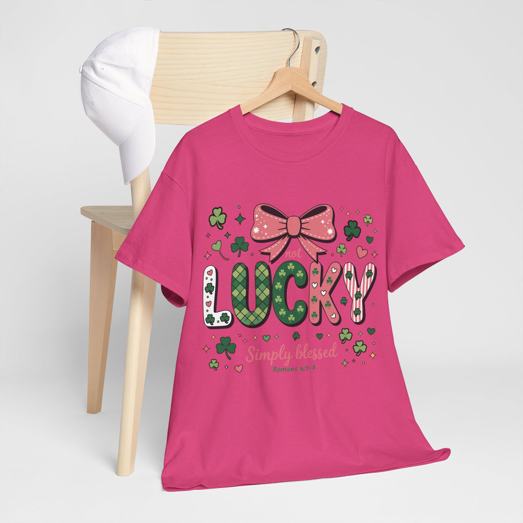 Simply Blessed Tee — “Not Lucky, Simply Blessed” with Pastel Bow, Clovers & Romans 4:7-8 Unisex Cotton Tee