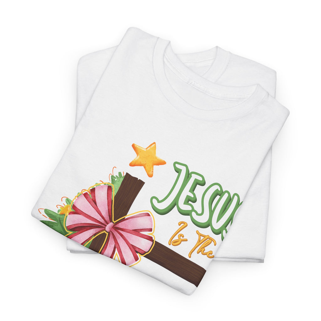 Jesus Is the Reason for the Season Christmas Tee — Cross with Pink Bow & Tree. Unisex Cotton Tee