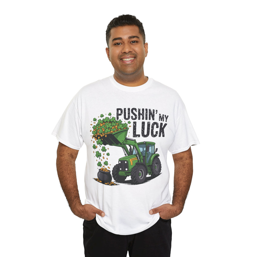 Pushin' My Luck Shamrock Tractor Tee — St. Patrick's Day Unisex Cotton T-Shirt