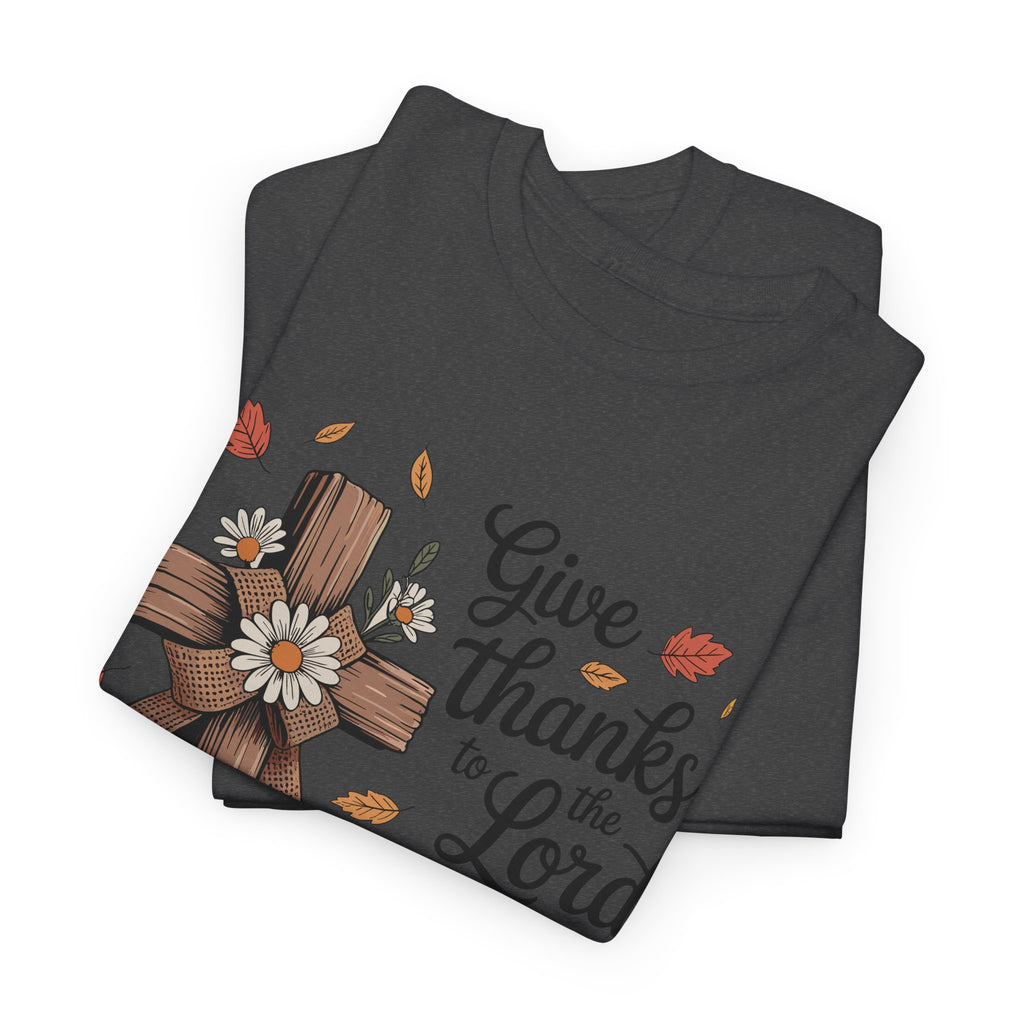 Give Thanks to the Lord Autumn Tee — Wooden Cross, Pumpkins & Daisies..Unisex Cotton Tee