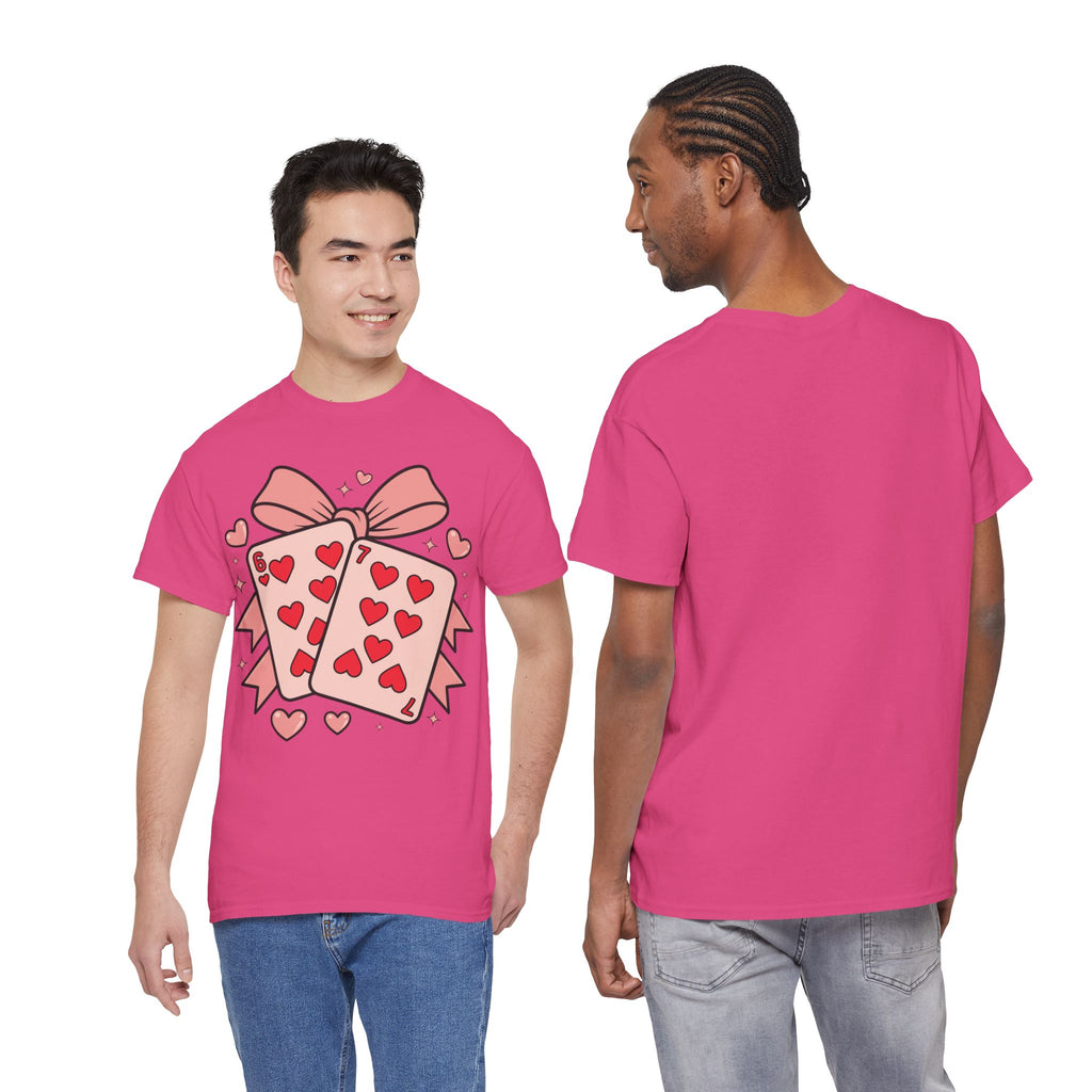 6 & 7 of Hearts T-Shirt — Paired Playing Cards with Pink Bow Unisex Cotton Tee