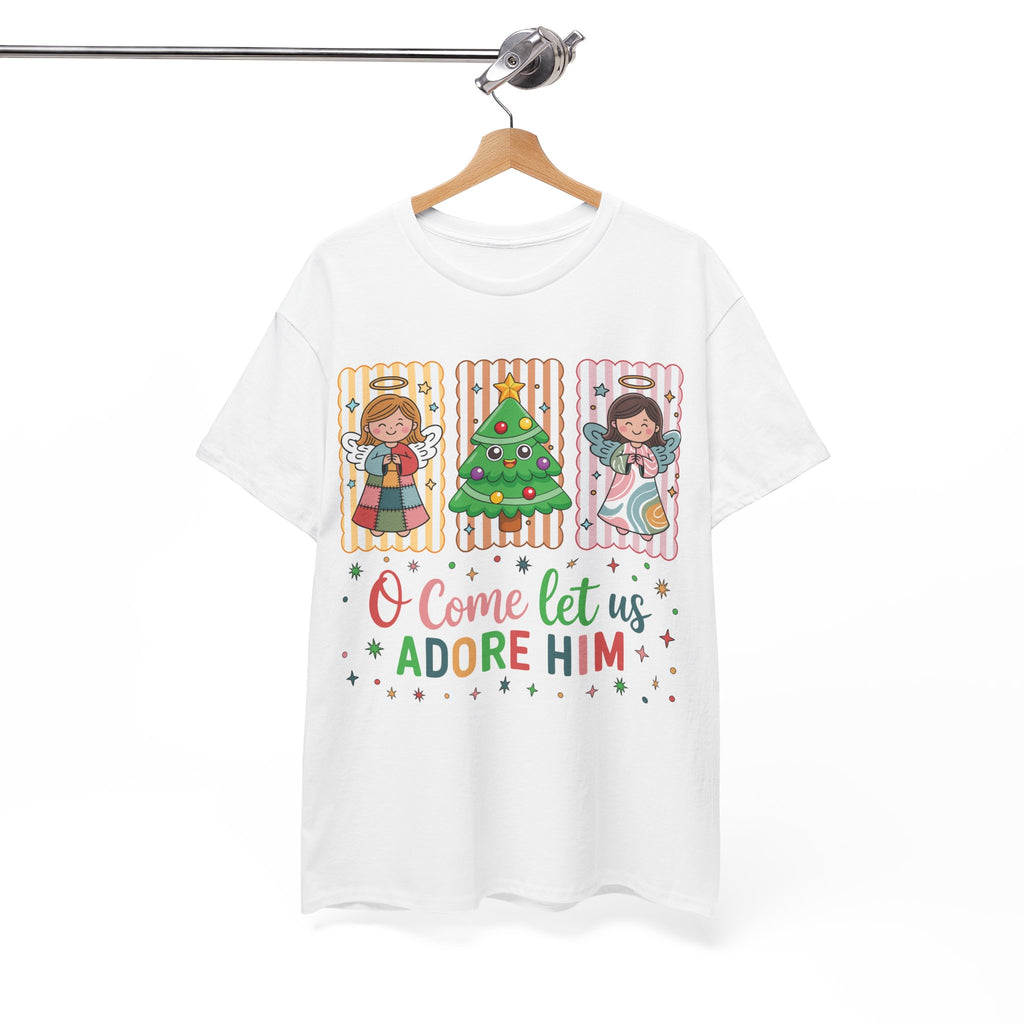 O Come Let Us Adore Him Christmas Tee — Smiling Angels & Happy Tree..Unisex Cotton Tee
