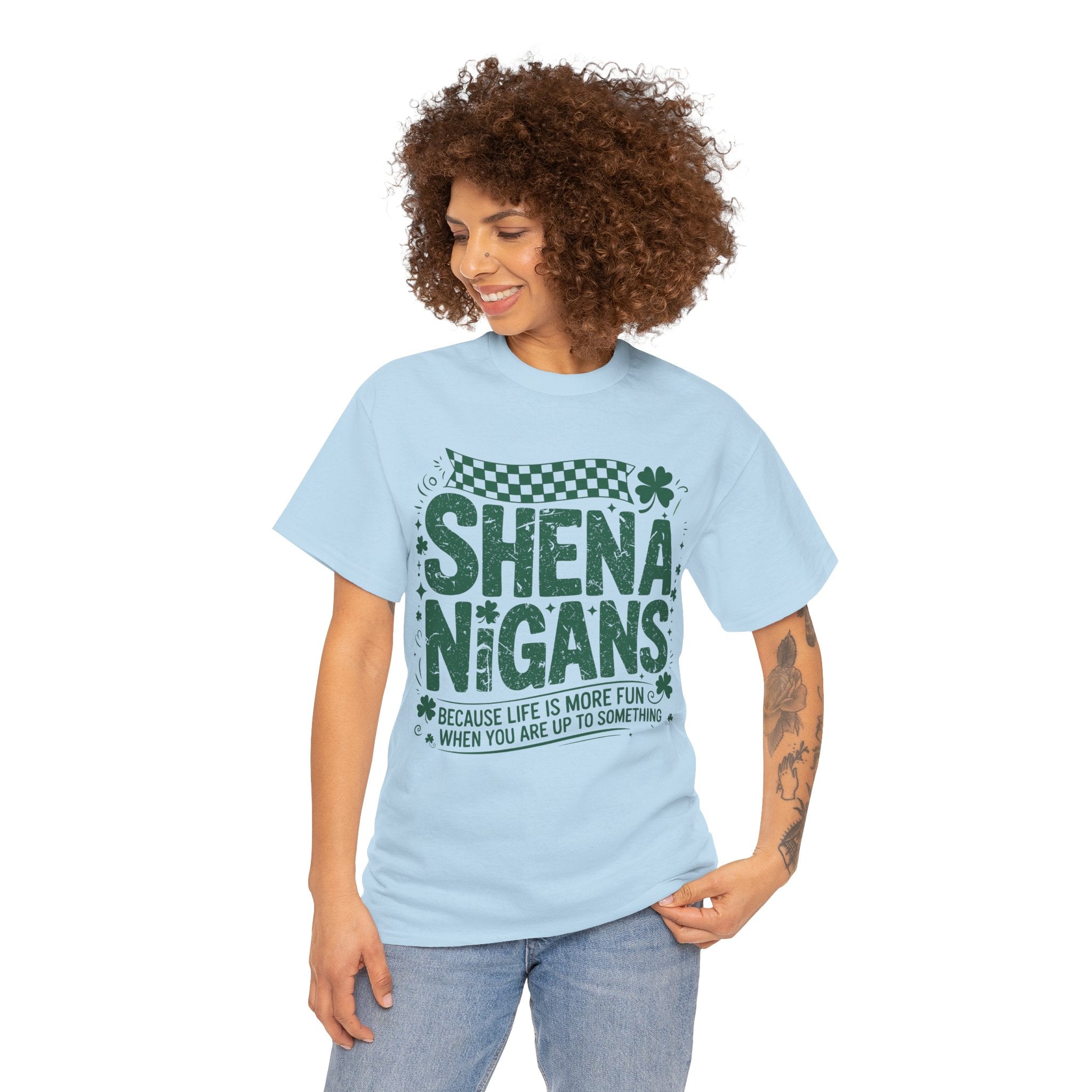 Shenanigans Clover Tee — Bright Green St. Patrick’s Day Shirt with Checkered Flag Unisex Cotton Tee