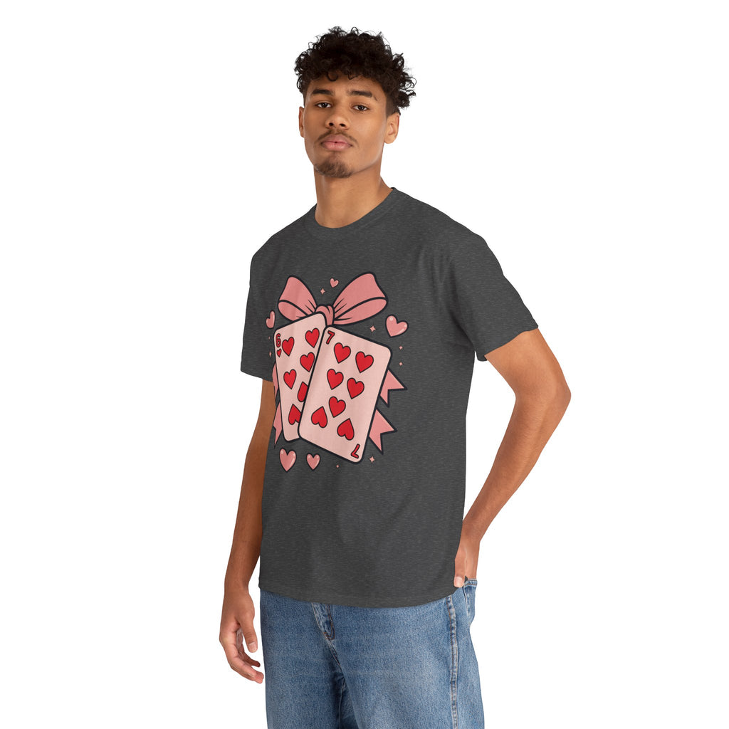 6 & 7 of Hearts T-Shirt — Paired Playing Cards with Pink Bow Unisex Cotton Tee
