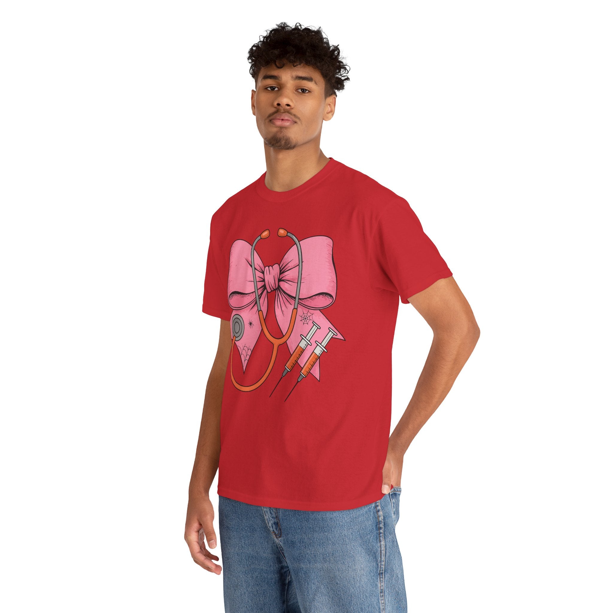 Halloween Nurse T‑Shirt — Pink Nurse Bow with Stethoscope, Syringes & Spider Webs..Unisex Cotton Tee
