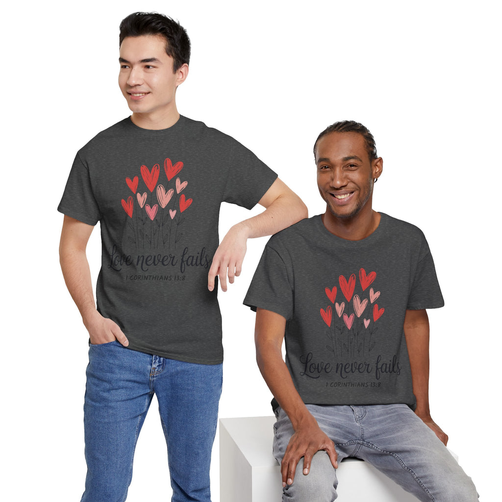 Christian Valentine T-Shirt — "Love Never Fails" (1 Corinthians 13:8) Unisex Cotton Tee