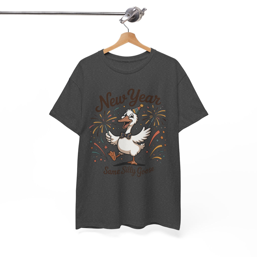 Happy Goose New Year T-Shirt — Party Hat, Fireworks & Confetti Unisex Cotton Tee