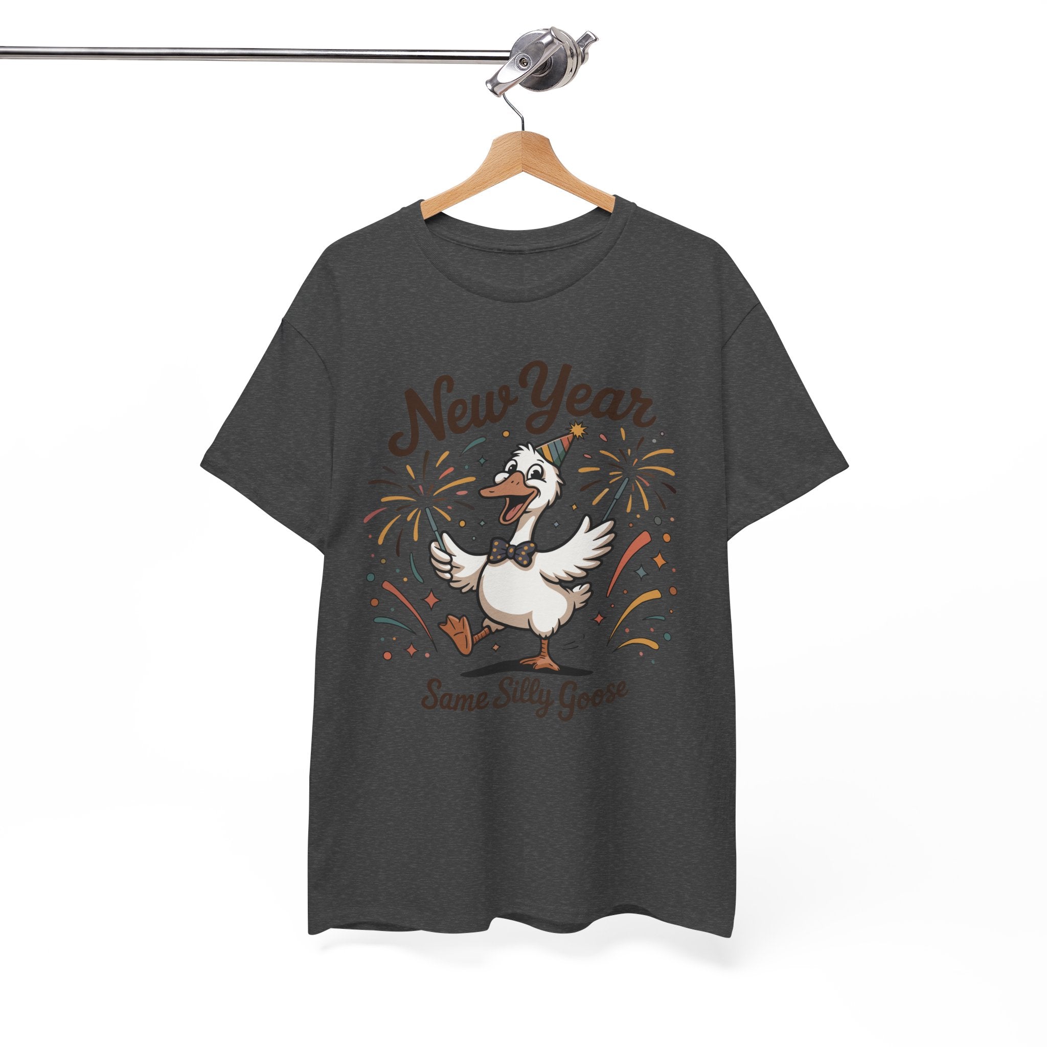 Happy Goose New Year T-Shirt — Party Hat, Fireworks & Confetti Unisex Cotton Tee