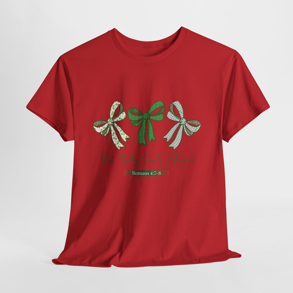 Not Lucky Simply Blessed Tee — Romans 4:7-8 Green Bow Christian Unisex Cotton T-Shirt