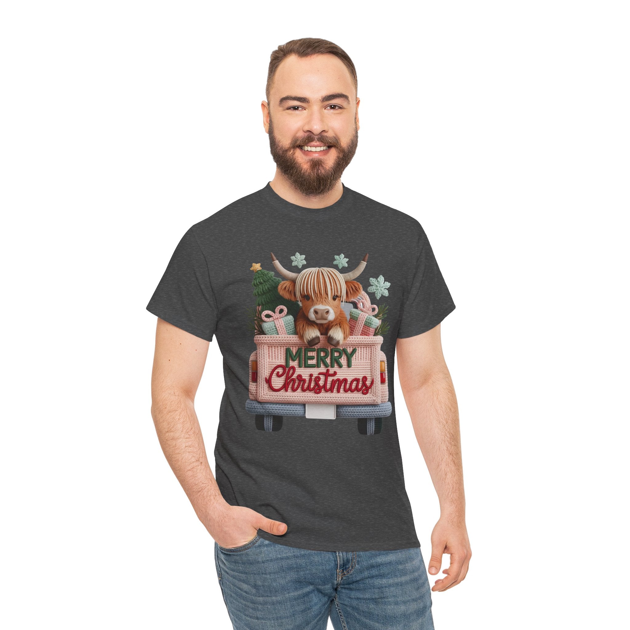 Merry Christmas Highland Cow Knit Truck Unisex Cotton T-Shirt