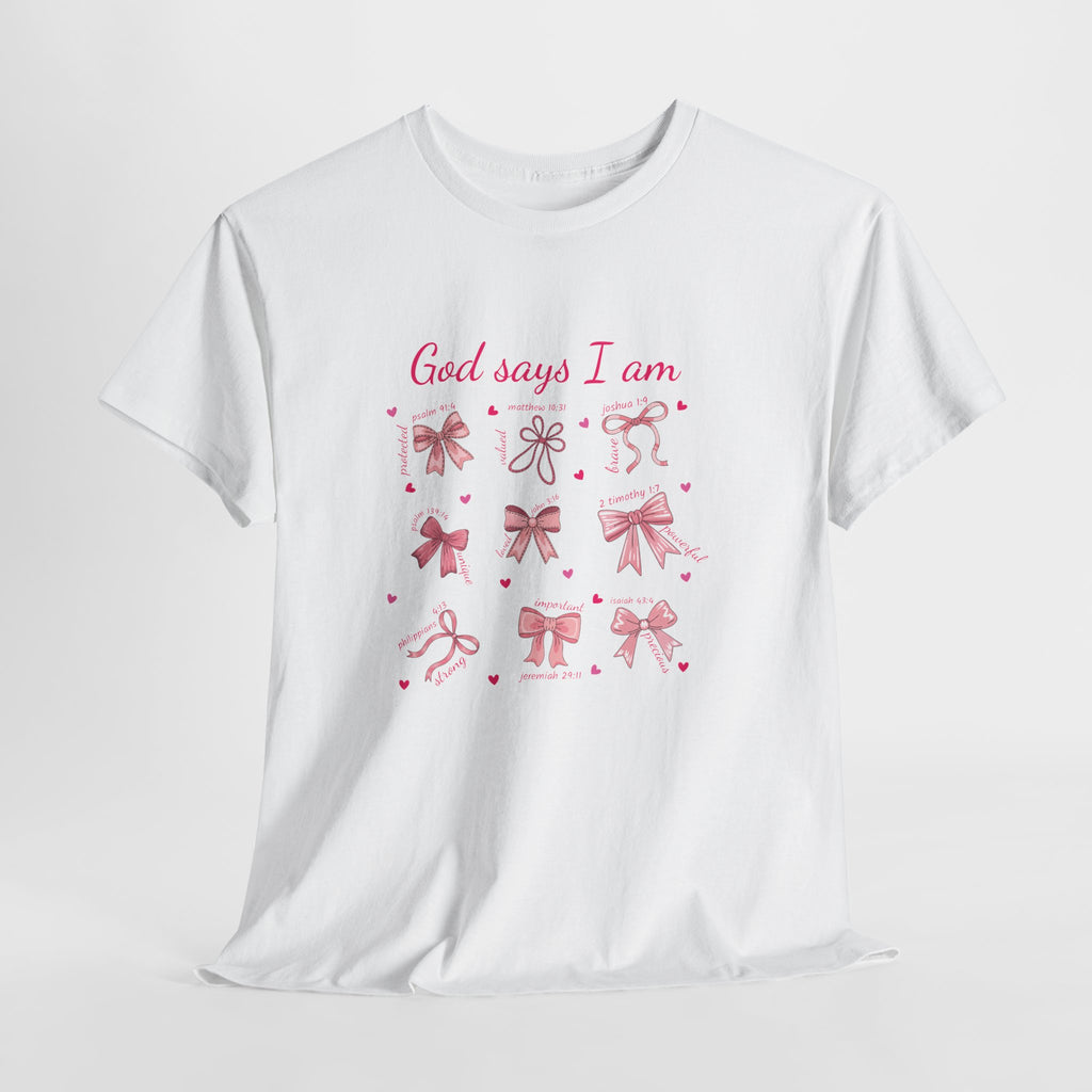 God Says I Am Christian Tee — Pink Affirmation T-Shirt with Bible Verse Bows.Unisex Cotton Tee