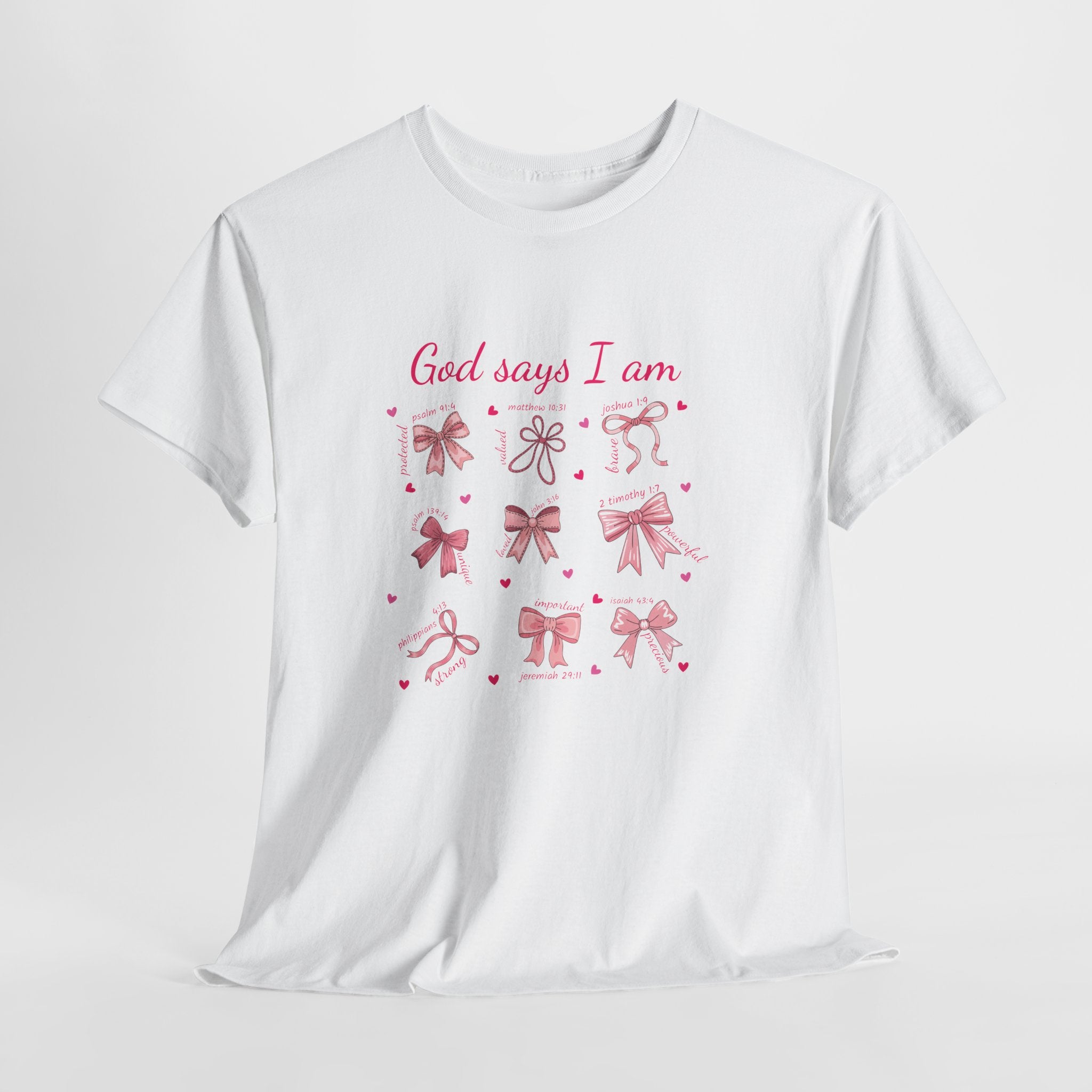 God Says I Am Christian Tee — Pink Affirmation T-Shirt with Bible Verse Bows.Unisex Cotton Tee