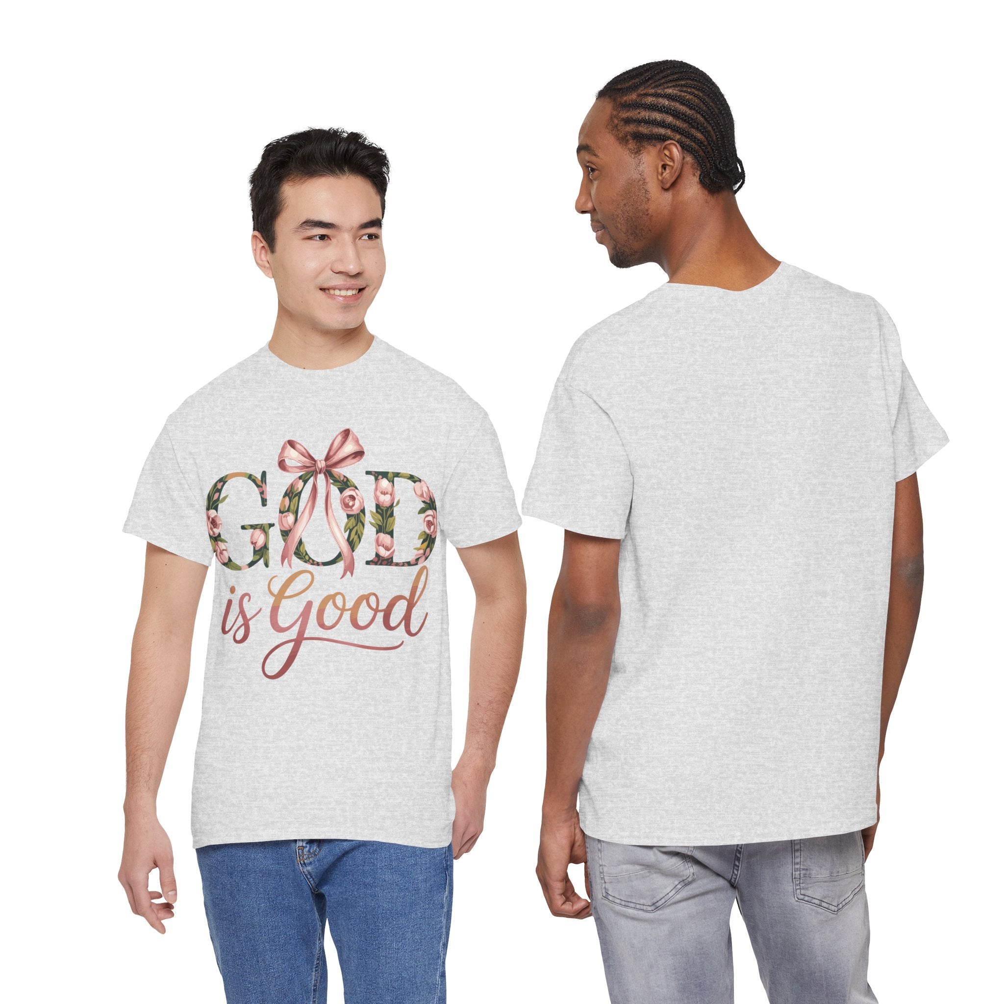 God Is Good Pink Rose Tee — Floral Ribbon Faith Unisex Cotton T-Shirt