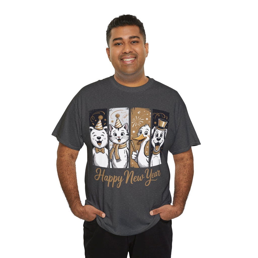 Happy New Year Party Animals T-Shirt — Cute Smiling Animals in Party Hats & Gold Fireworks..Unisex Cotton Tee