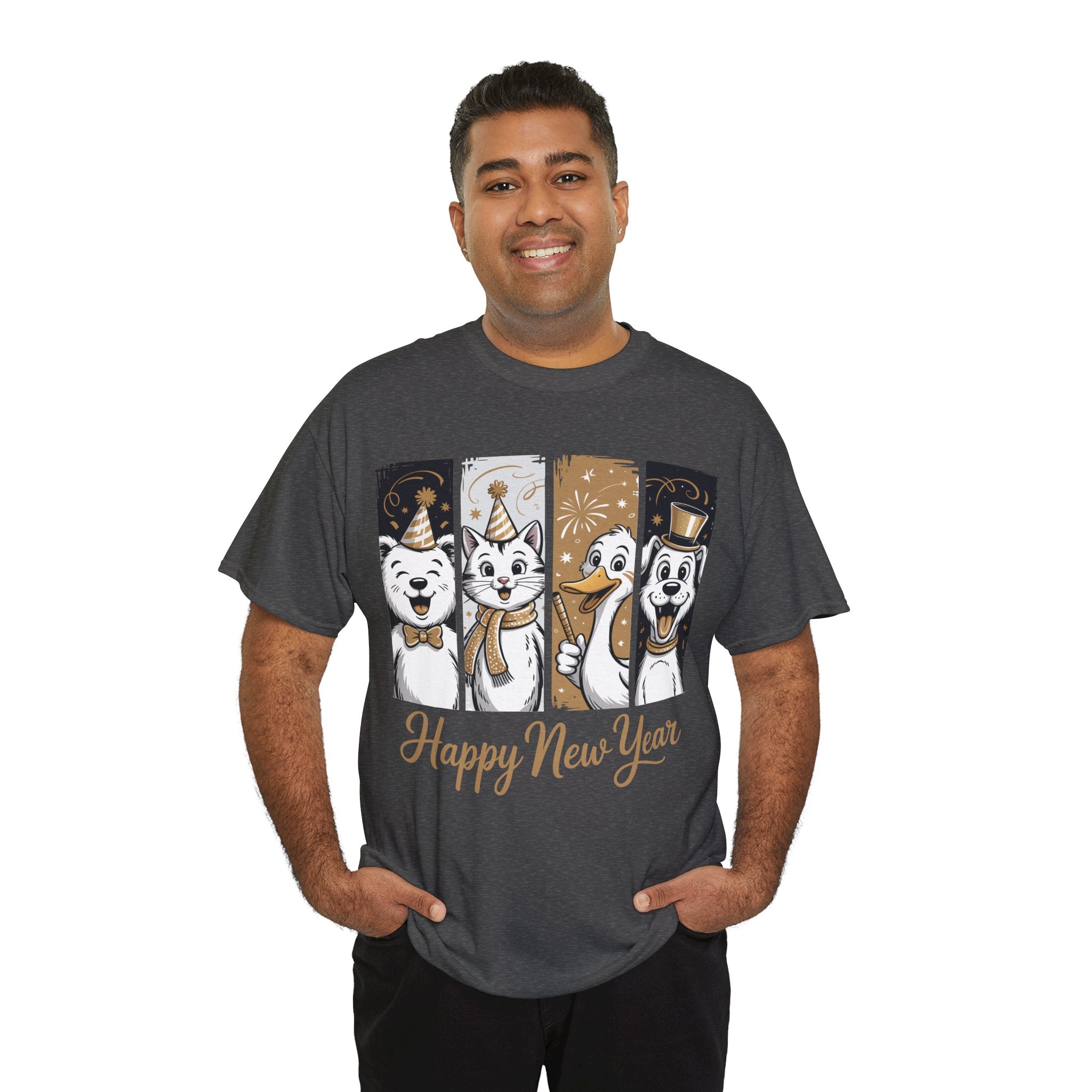 Happy New Year Party Animals T-Shirt — Cute Smiling Animals in Party Hats & Gold Fireworks..Unisex Cotton Tee