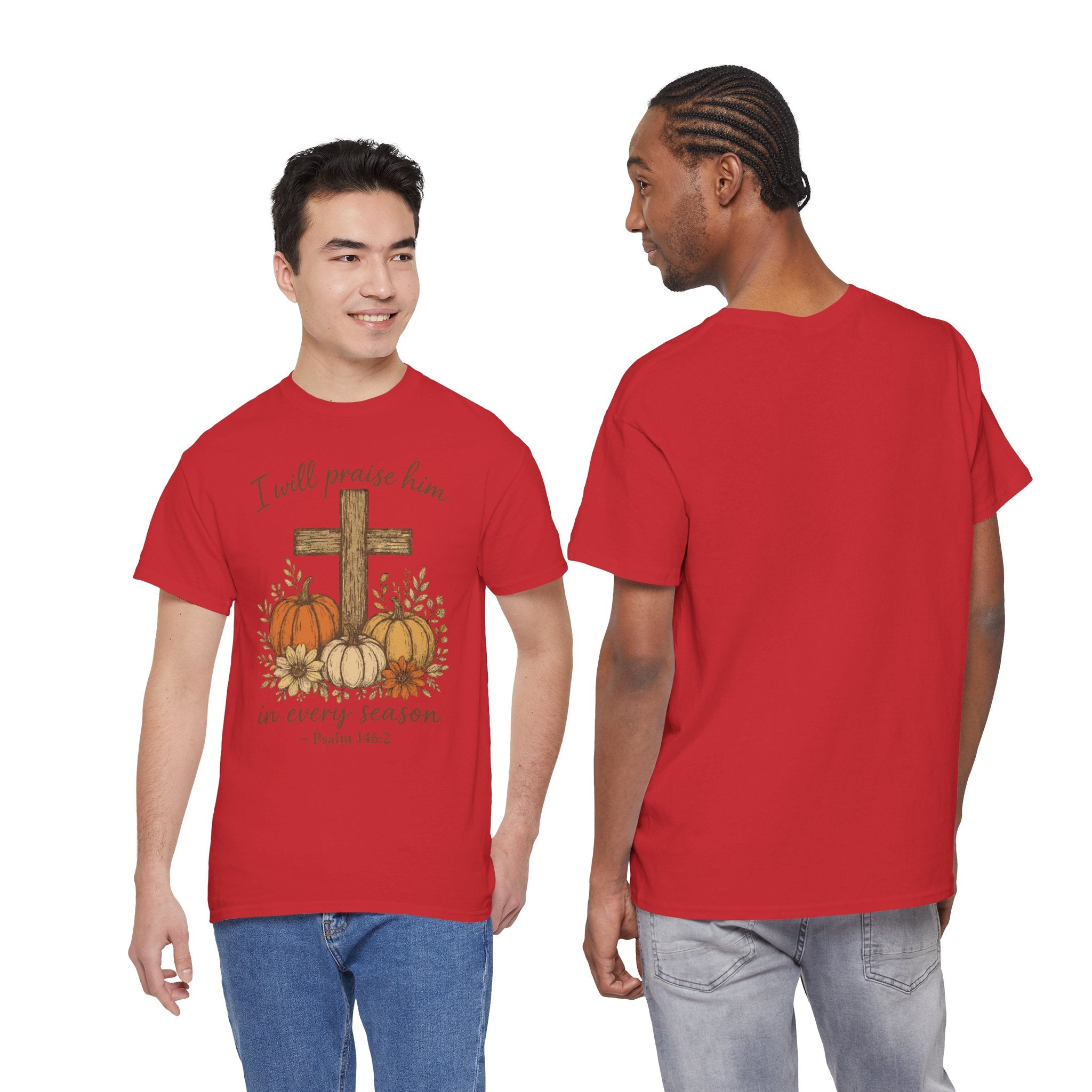Psalm 146:2 Pumpkin Cross T-Shirt — I Will Praise Him in Every Season. Unisex Cotton Tee