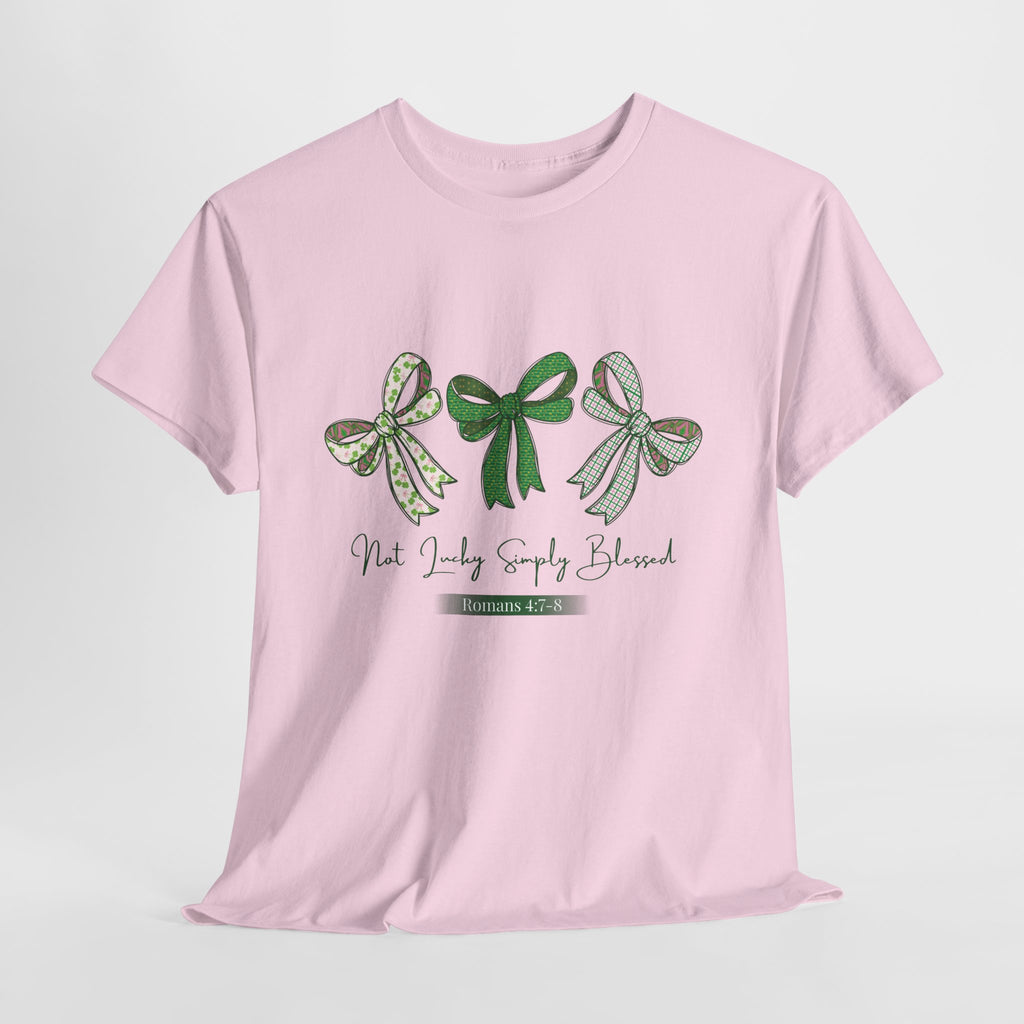 Not Lucky Simply Blessed Tee — Romans 4:7-8 Green Bow Christian Unisex Cotton T-Shirt