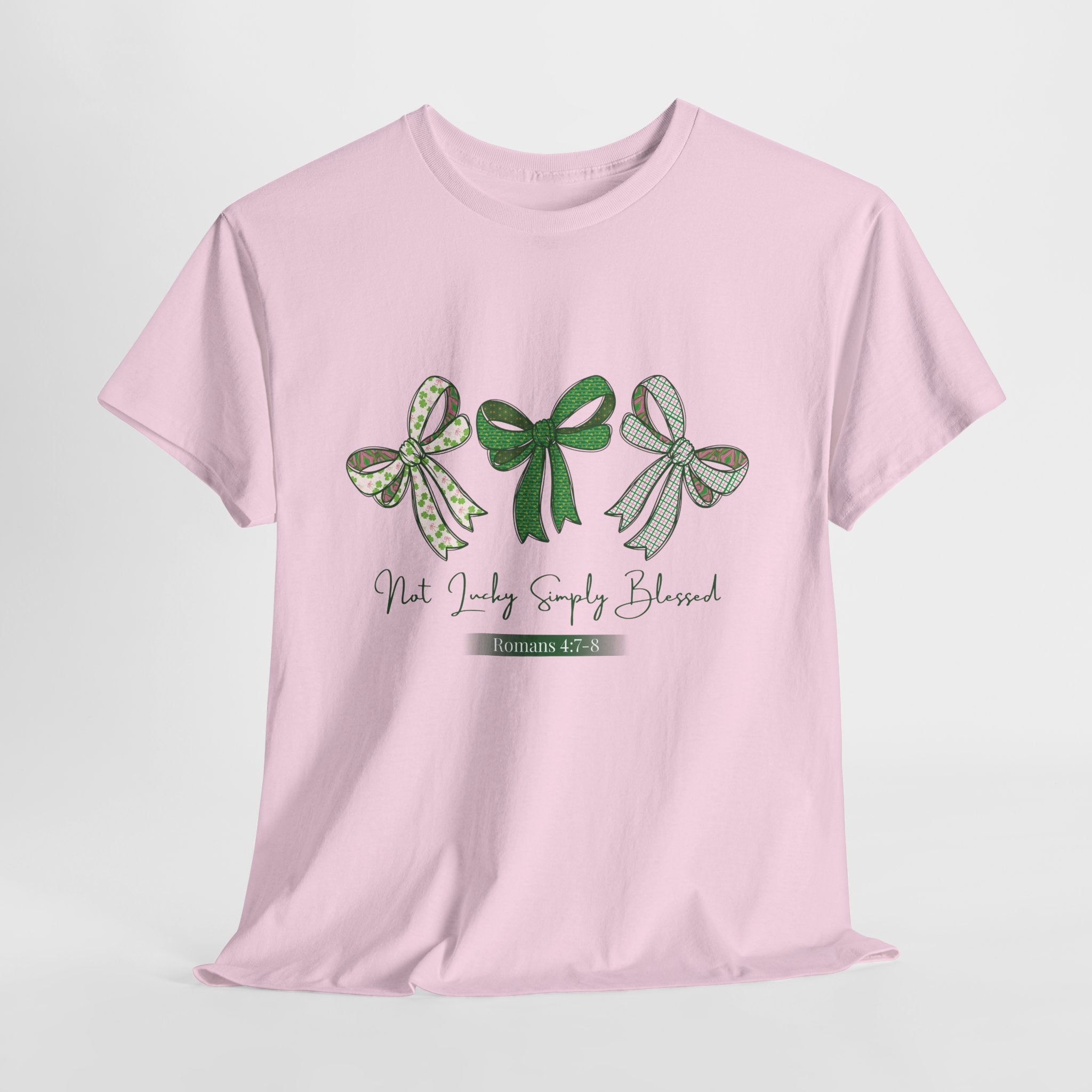 Not Lucky Simply Blessed Tee — Romans 4:7-8 Green Bow Christian Unisex Cotton T-Shirt