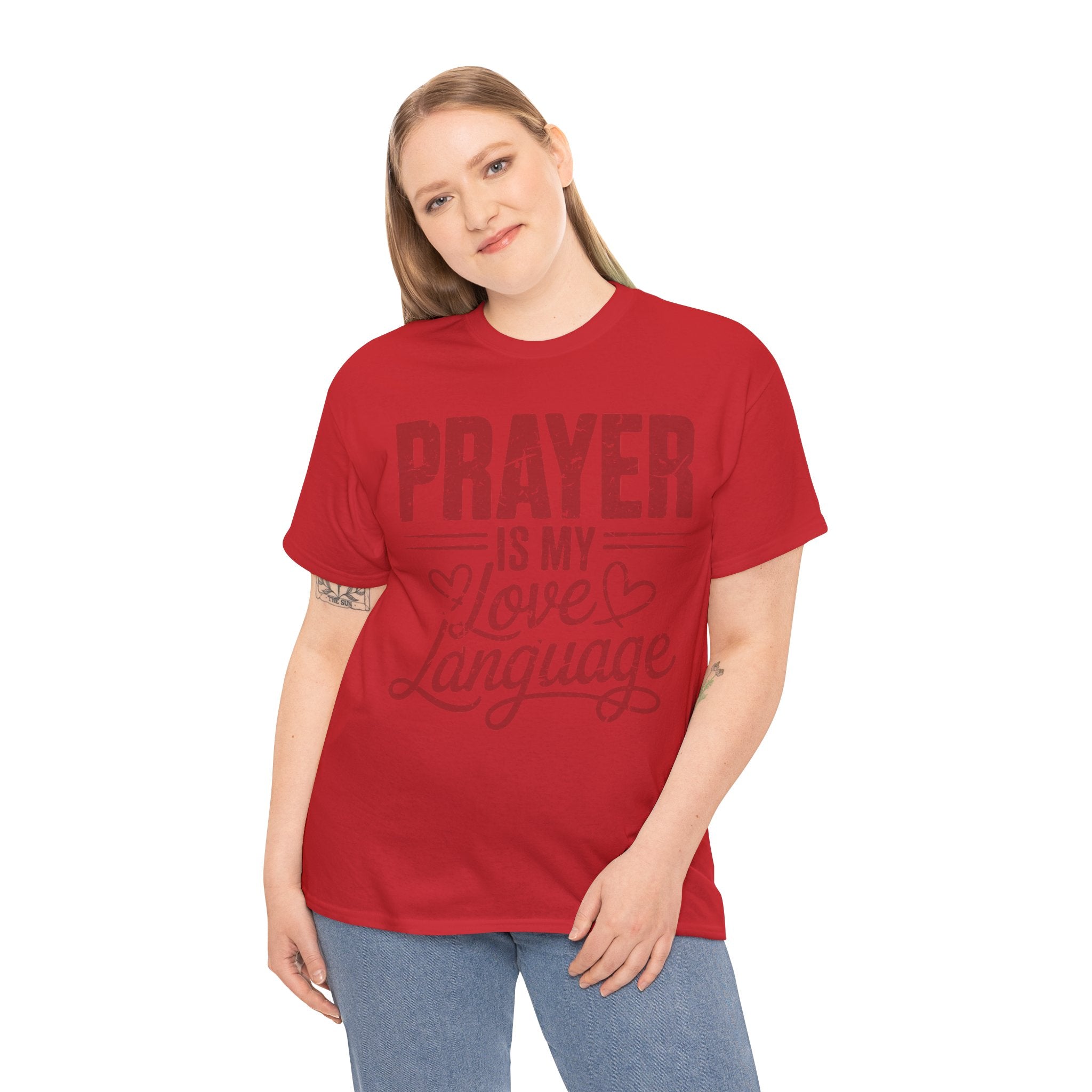 Prayer Is My Love Language T-Shirt — Faith-Inspired Red Hearts Unisex Cotton Tee