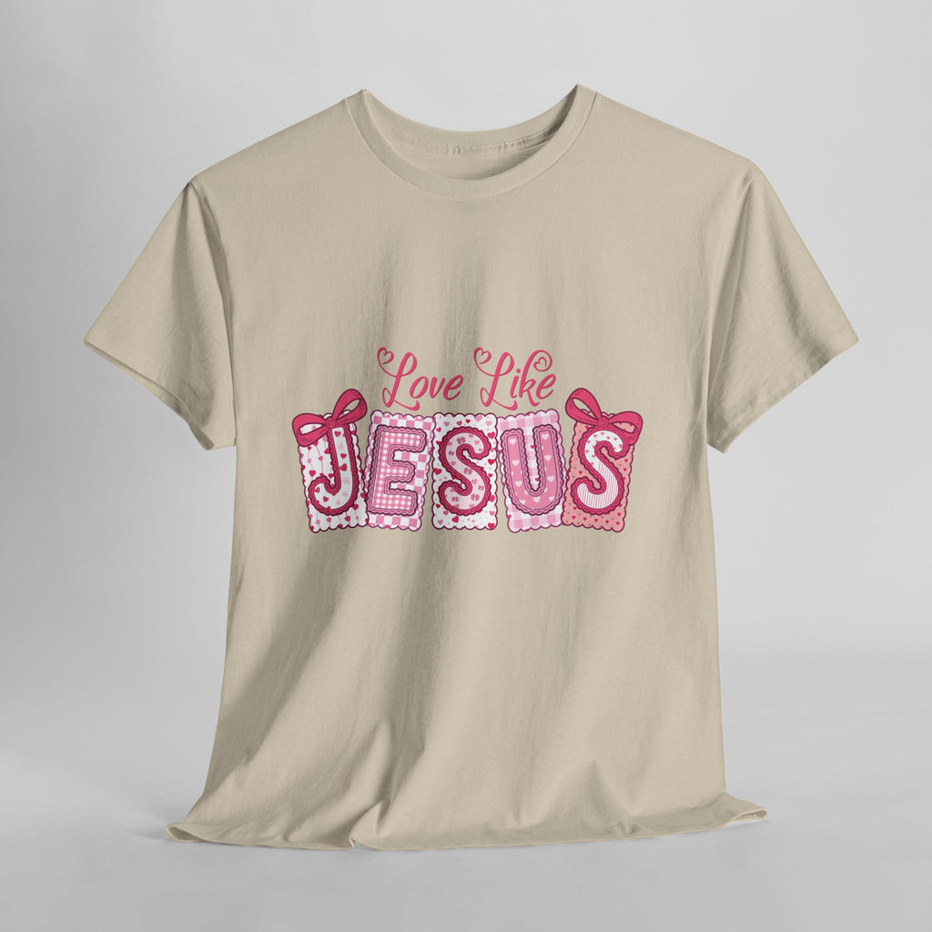 Love Like Jesus Patchwork Tee — Pink Stitched Heart Graphic.Unisex Cotton Tee
