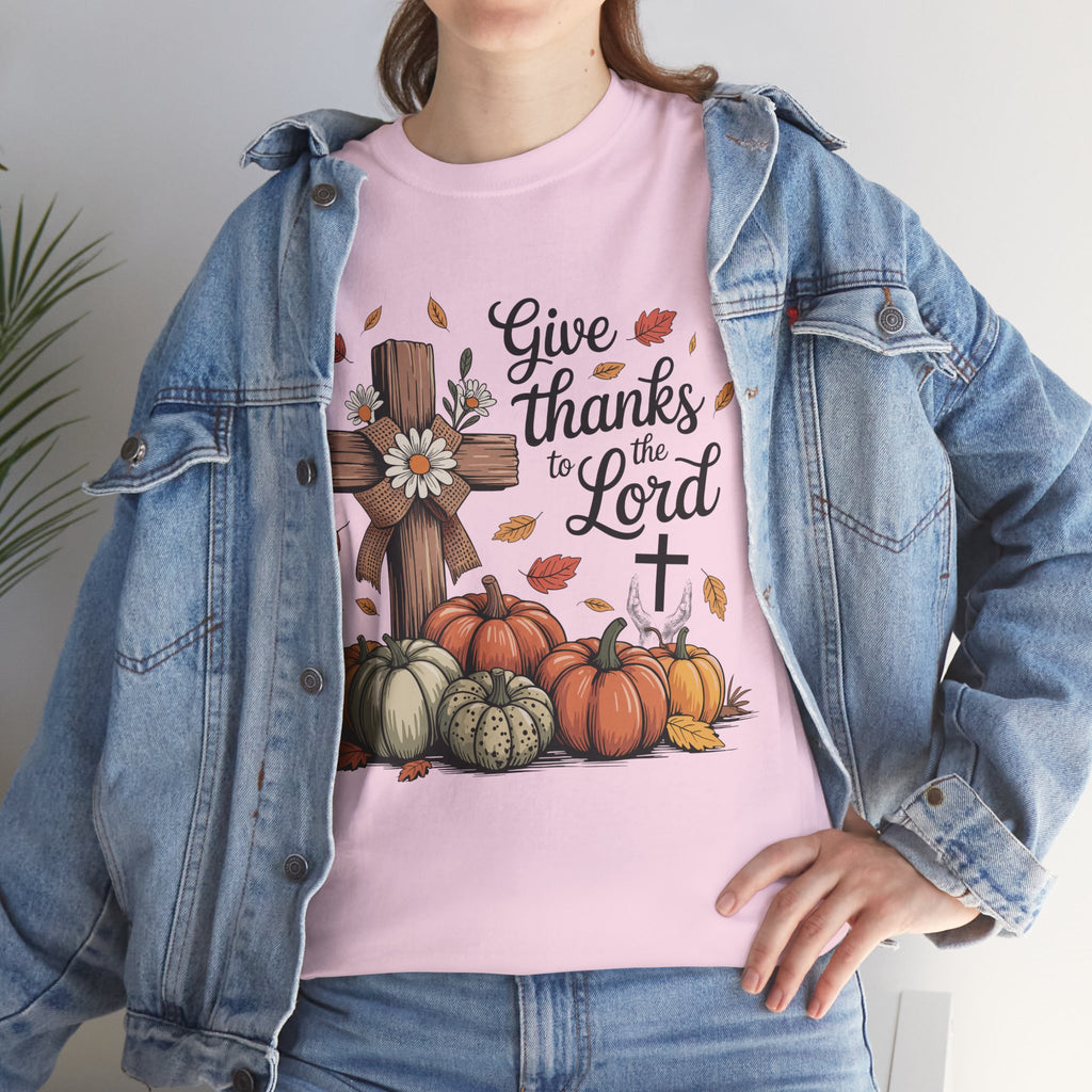 Give Thanks to the Lord Autumn Tee — Wooden Cross, Pumpkins & Daisies..Unisex Cotton Tee