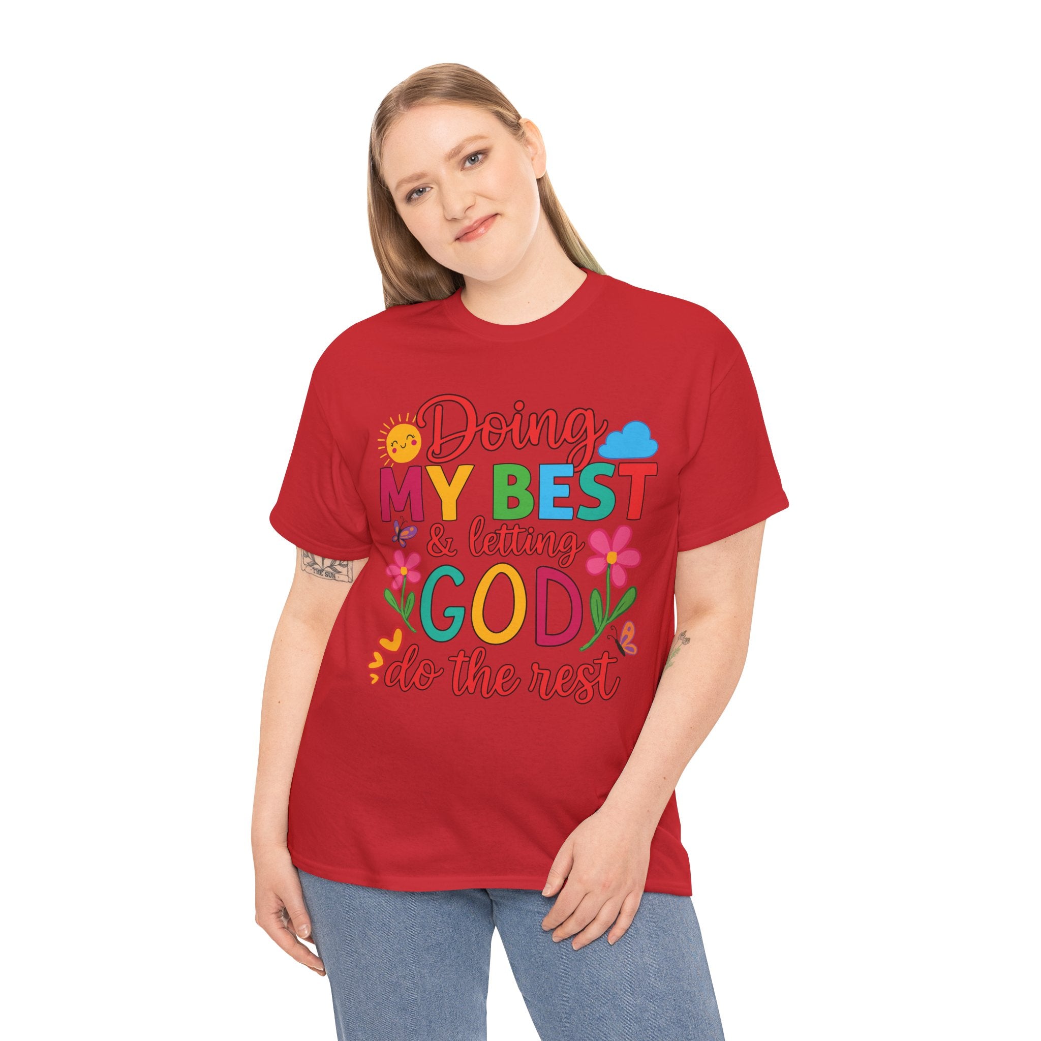 Doing My Best & Letting God Do The Rest T-Shirt — Floral Sun & Butterflies Inspirational Unisex Cotton Tee