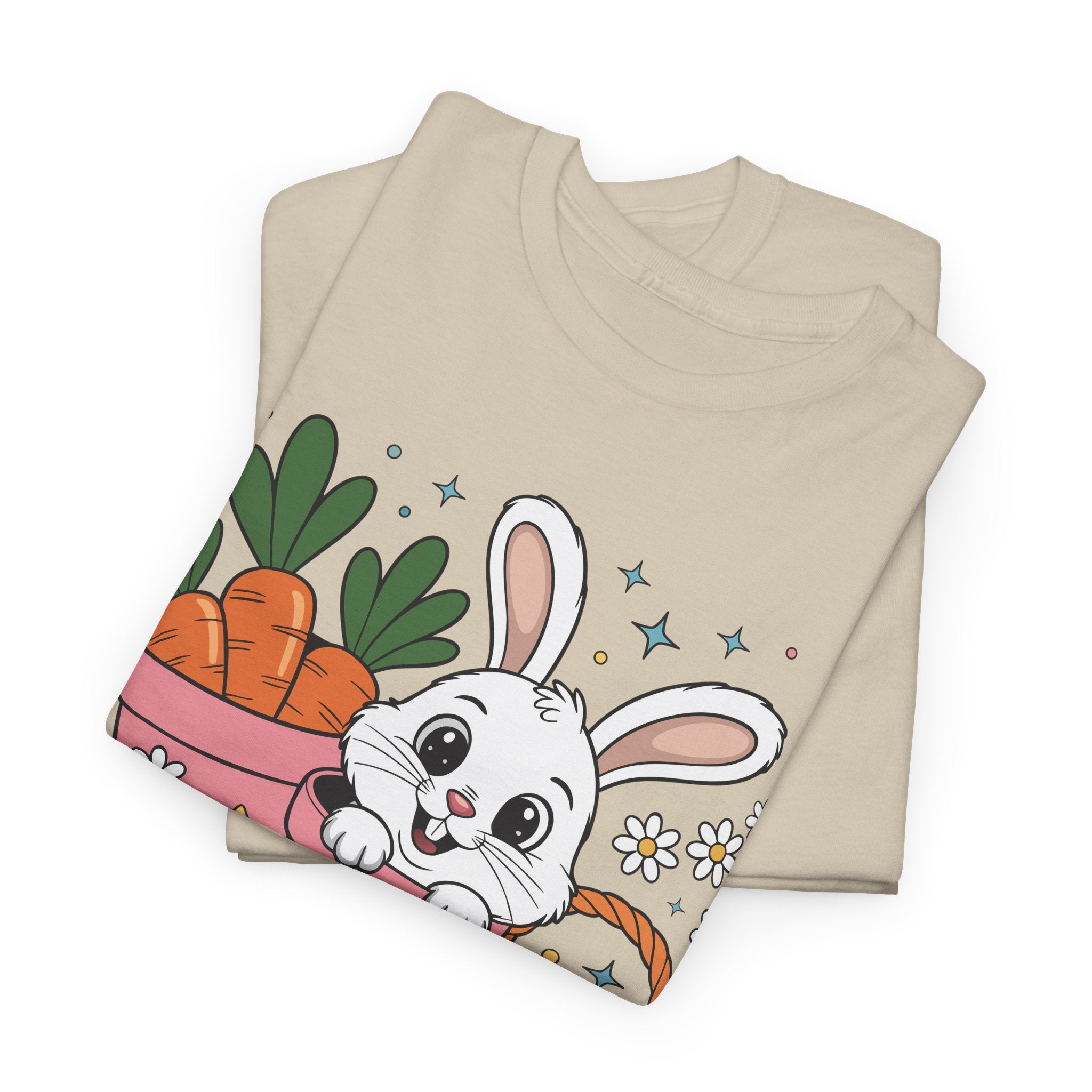 Easter Bunny in Pink Rain Boots T-Shirt — Cartoon Bunny, Carrots & Colorful Eggs Unisex Cotton Tee