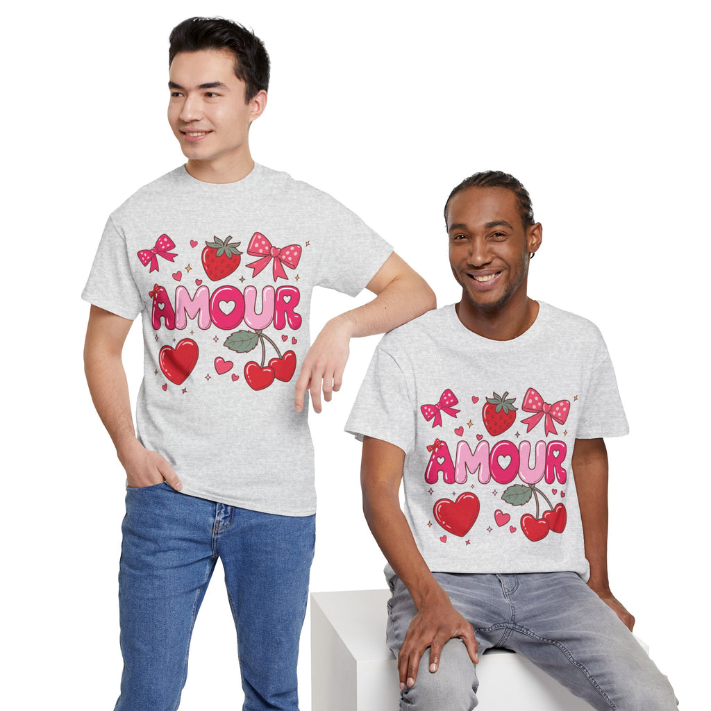 Amour Pink Hearts Tee — Shiny Lettering with Bows, Cherries & Strawberry Accent...Unisex Cotton Tee