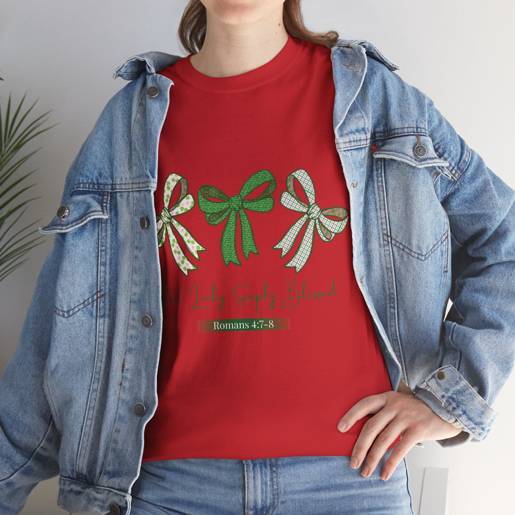 Not Lucky Simply Blessed Tee — Romans 4:7-8 Green Bow Christian Unisex Cotton T-Shirt